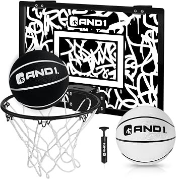 AND1 Mini Basketball Hoop Pre-Assembled Indoor Basketball Hoop with Flex Rim, 18 inches x 12 inches, Includes Two Deflated 5 Inch Basketballs & Inflation Pump, Basketball Hoop for Kids