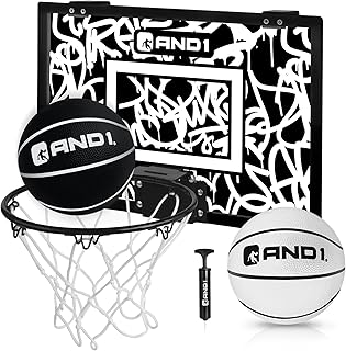 AND1 Over the Door Mini Basketball Hoop: 18x12 Shatterproof Backboard, 2 Mini Basketballs, and Hand Pump Included- Ultimate Indoor Basketball Accessory for Kids and Adults, No Tools Required