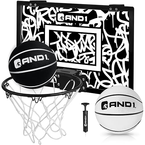 AND1 Over the Door Mini Basketball Hoop: 18x12 Shatterproof Backboard, 2 Mini Basketballs, and Hand Pump Included- Ultimate Indoor Basketball Accessory for Kids and Adults, No Tools Required