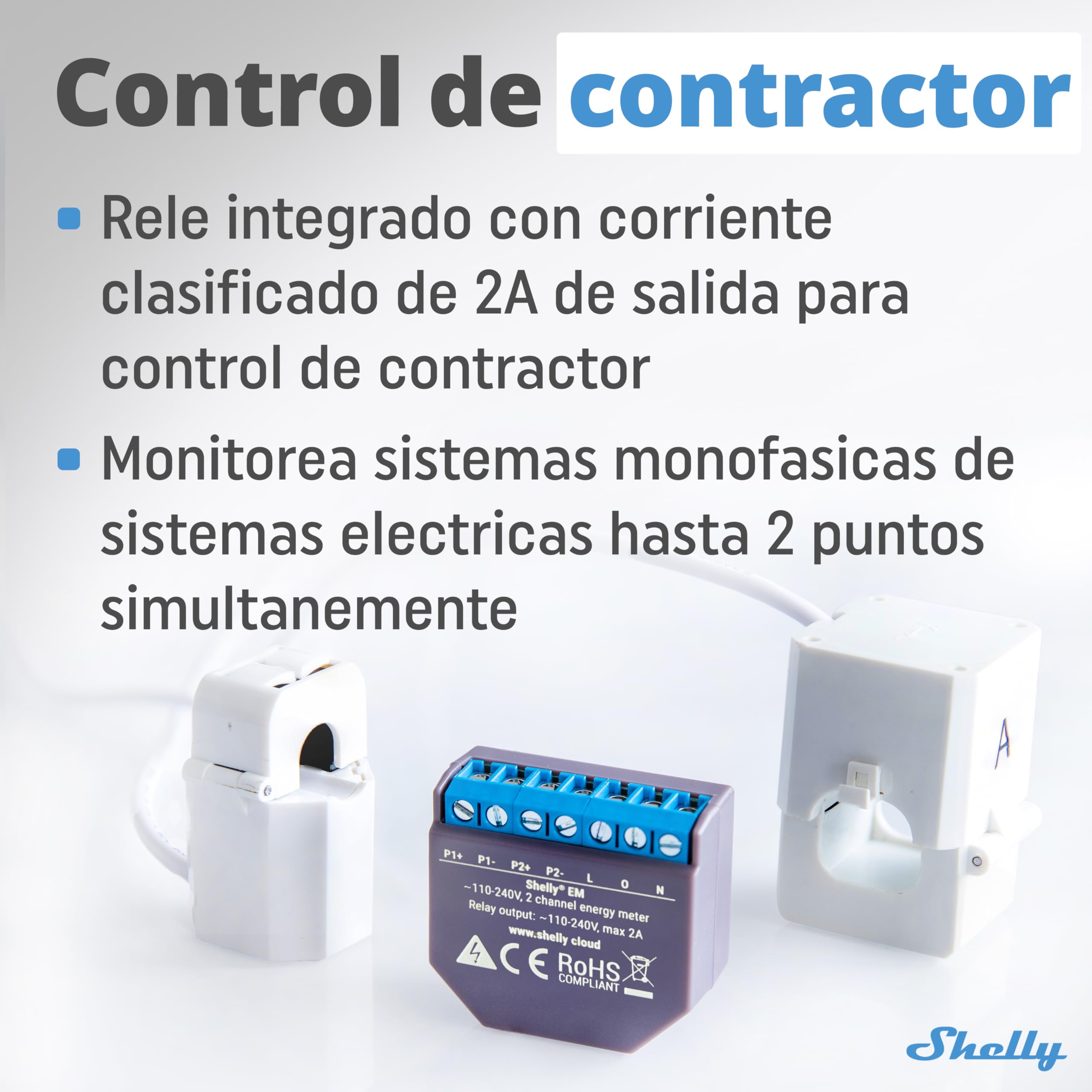 Shelly EM - Medidor De Energía Wi-Fi, 120A par canal, Funciona Con Alexa & Google Home, Control de grandes cargas y Energía Solar, Aplicación iOS Android, No necesita hub