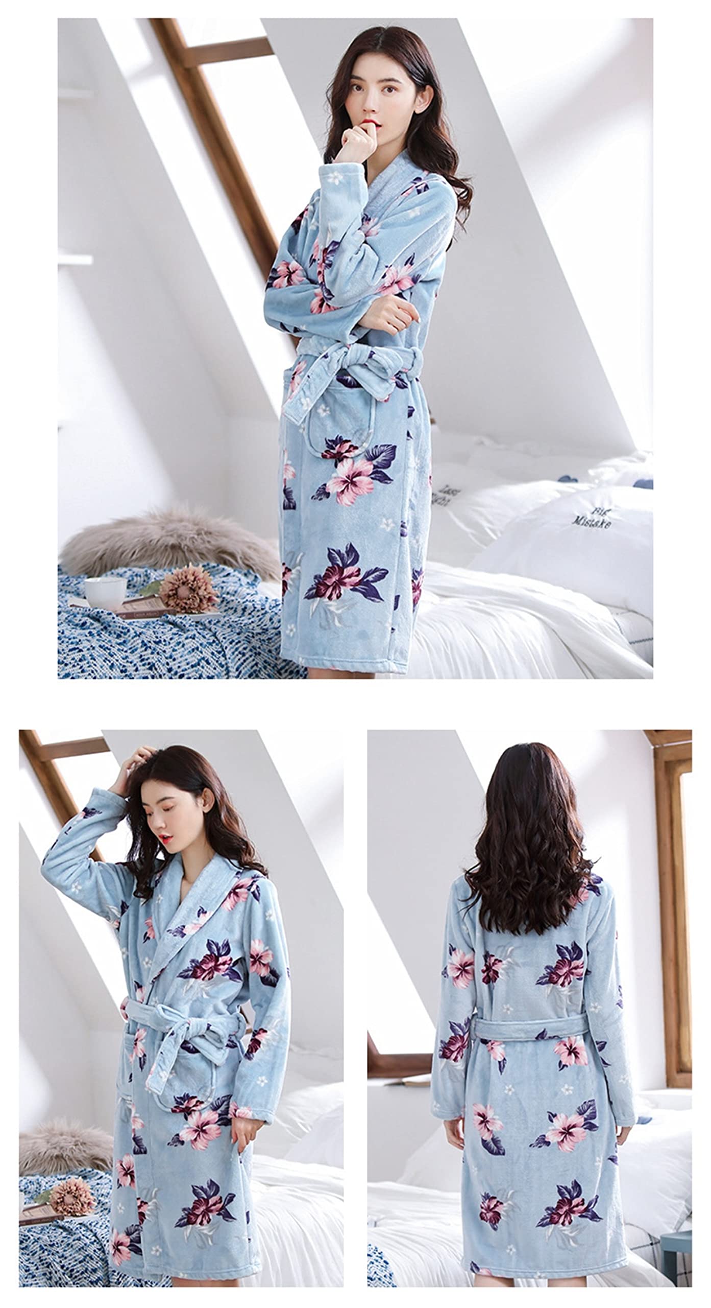 Peignoir d'hiver,Les Dames À La Mode Robe D’Hiver Chaud Corail Toison De Bain Pyjamas À La Maison Porter Confortable Kimono Hôtel Peignoir avec Imprimé Mignon Bleu Fille Sexy