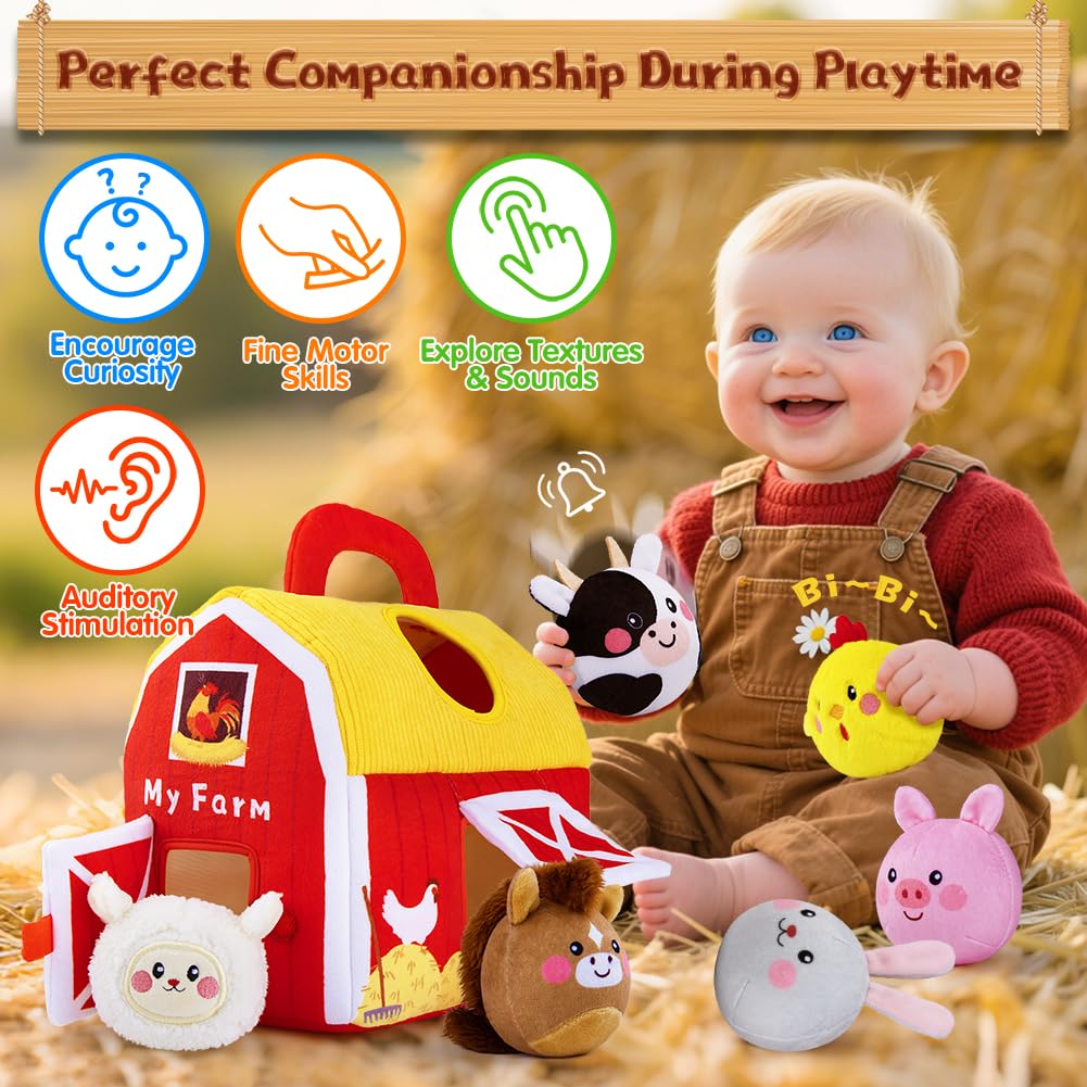 teytoy Baby Toys for Newborn 6-12 Months, Soft Farm Animals with Barn, Rattle, Crinkle Paper, Mirror, Busy Montessori Sensory Toys for Babies Toddlers 1-3 Easter Basket Stuffers - Image 4