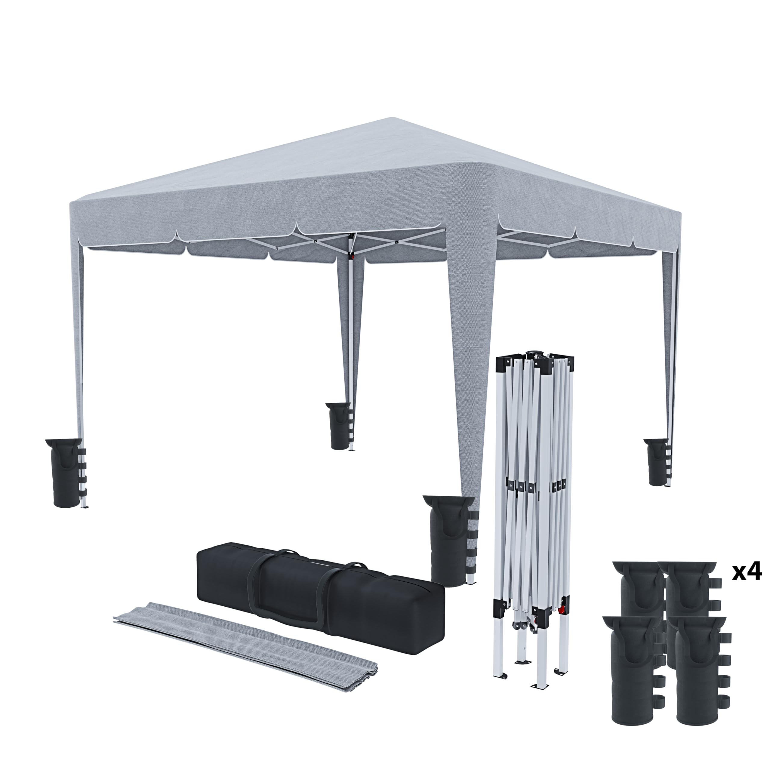 Gazebo Pieghevole 3x3m Impermeabile con 4 Sacche per Pesi e Borsa Trasporto - Chiusura a Fisarmonica per Fiere, Campeggio, Esterno, Piscina - Struttura in Acciaio - Copertura 160g/m² (Grigio)