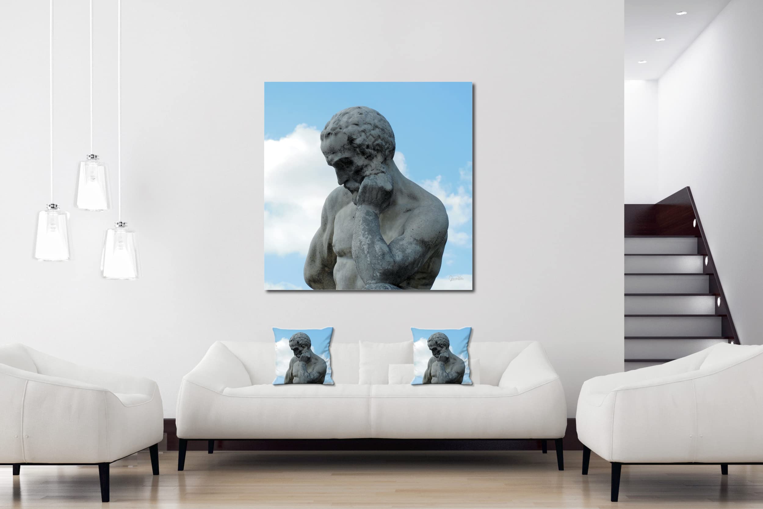 Denk nach! - Foto-Kissen-Hülle Set (2 STK.) 40 x 40 cm | Kissen-Bezüge - passend zu Wandbild - Deko-Kissen - Paris Stutue Denker Steinfigur Kunst