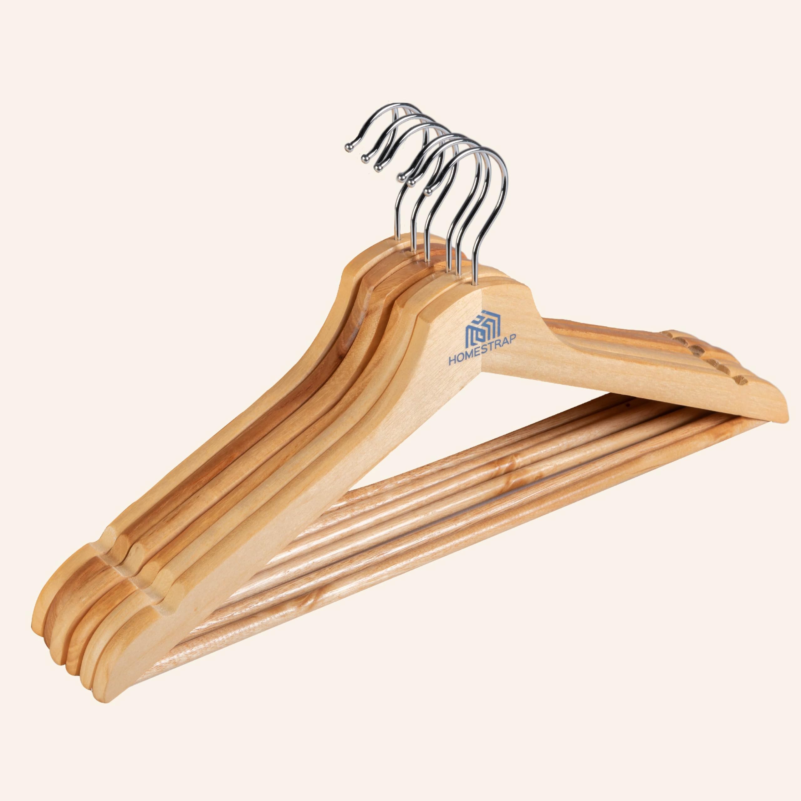 Homestrap Premium Round Bar Wooden Hanger (Pack of 6)| Durable Wooden Garment Hangers with Cut Notches & 360 Degree Swivel Chrome Hook for Hanging Heavy Clothes