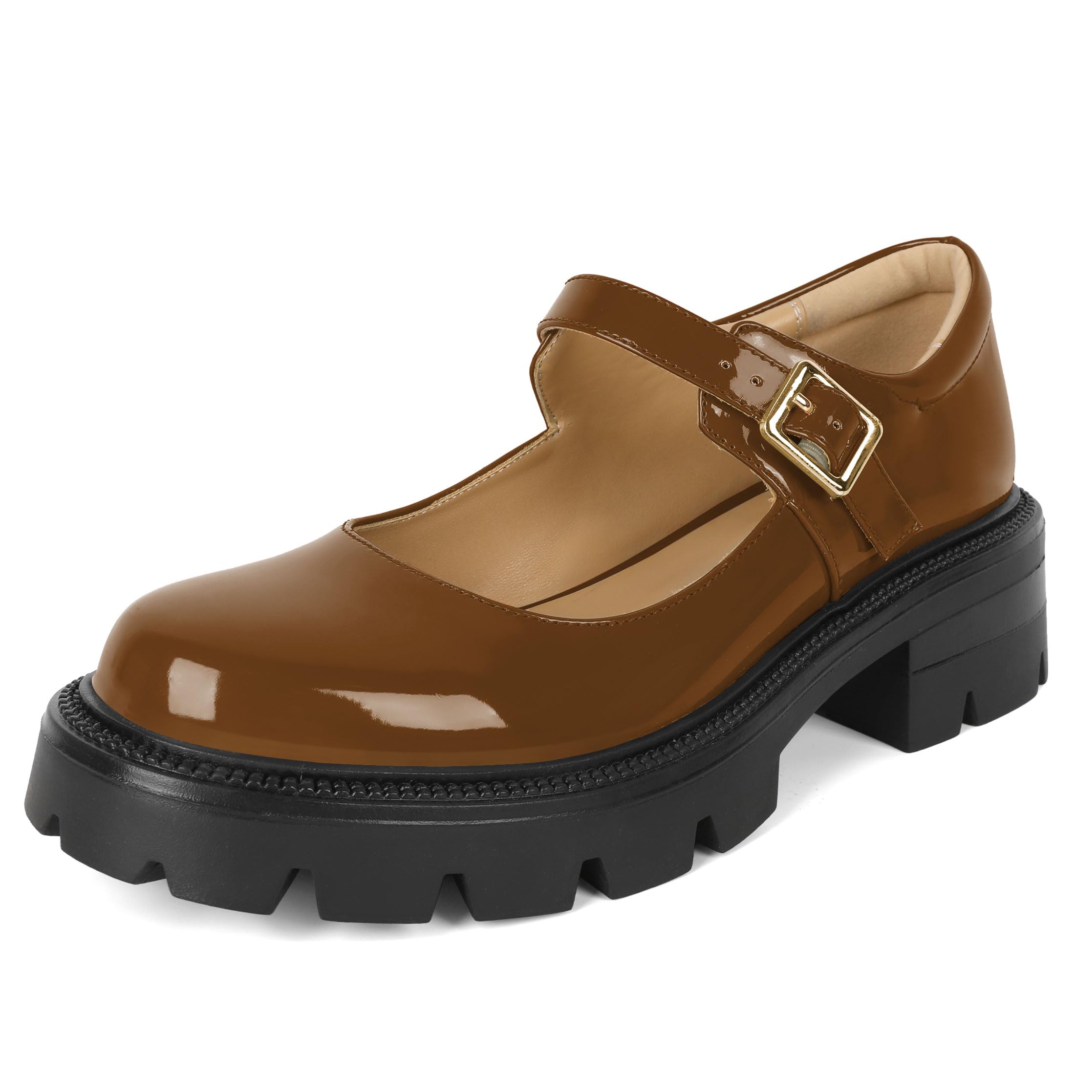 Eldof Women's Mary Jane Shoes Platform Lug Sole Low Heel Chunky Pumps Round Toe Ankle Strap Oxfords Dress Shoes for Uniform Graduation School Work 2