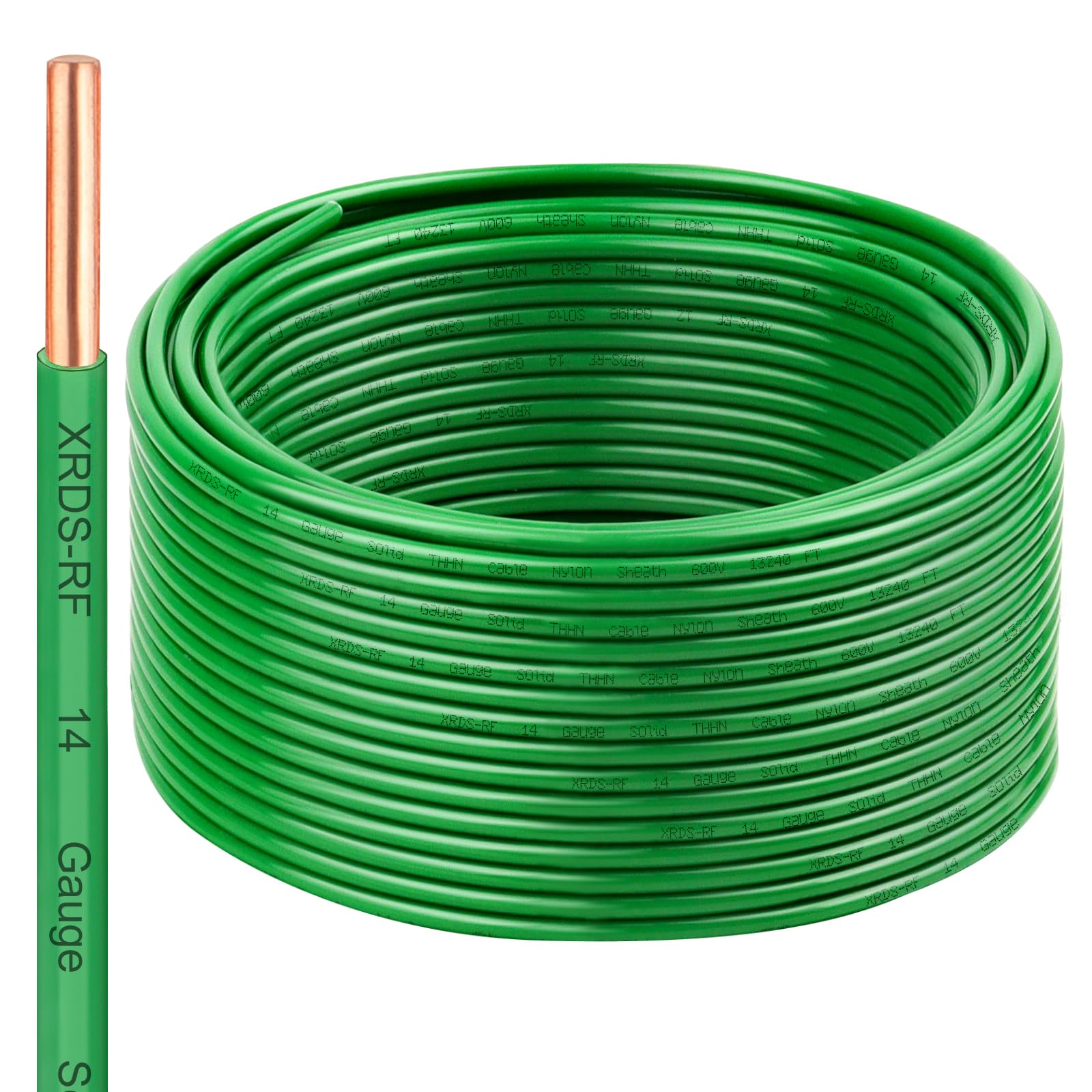 14 AWG THHN Wire 100FT – Single Bare Copper Conductor, Green Electrical Building Wire with Nylon Insulation for Panel Wiring, Grounding, Lighting