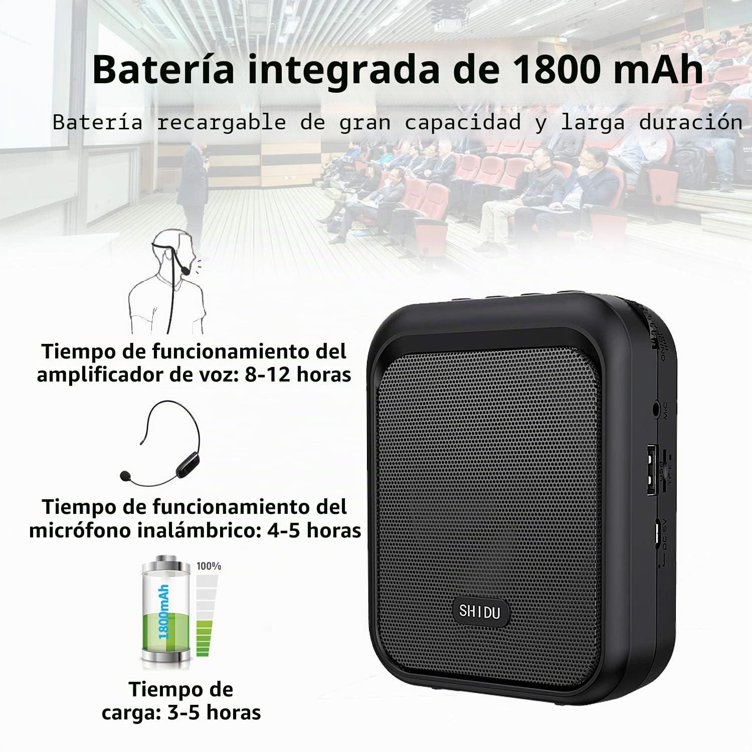 SHIDU Mini Amplificador de Voz Altavoz Bluetooth Portátil con Micrófono Inalámbrico UHF Auriculares 10W 1800mAh Sistema de PA Admite Audio en Formato MP3 para Profesores,Entrenadores, Guía Turístico