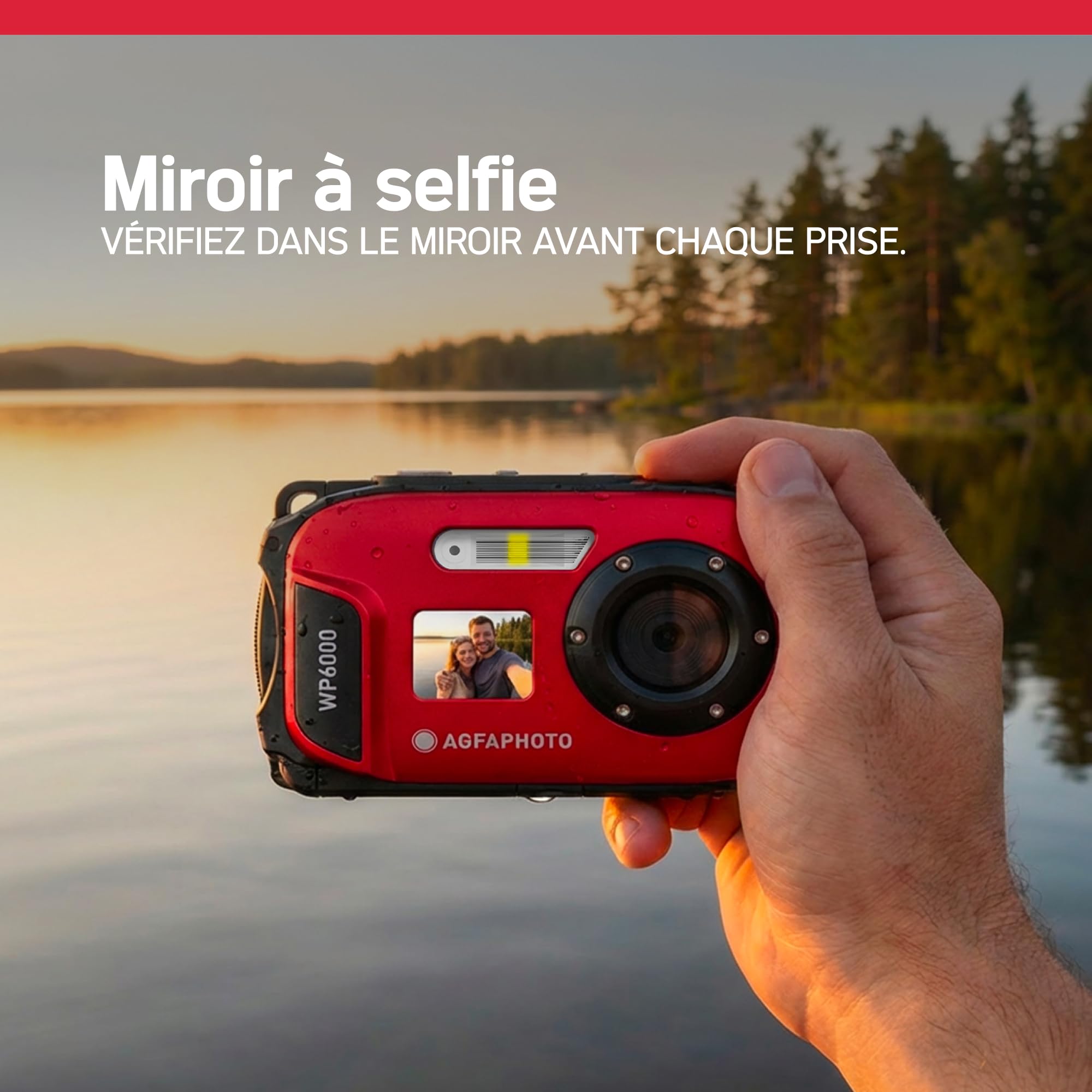 AGFAPHOTO Realishot WP6000 - Appareil Photo Numérique Étanche, 3m/10ft, 18 MP, Vidéo HD, Écran LCD 2.4", Zoom Digital 16x, Autofocus, Miroir Selfie, Batterie Lithium - Rouge