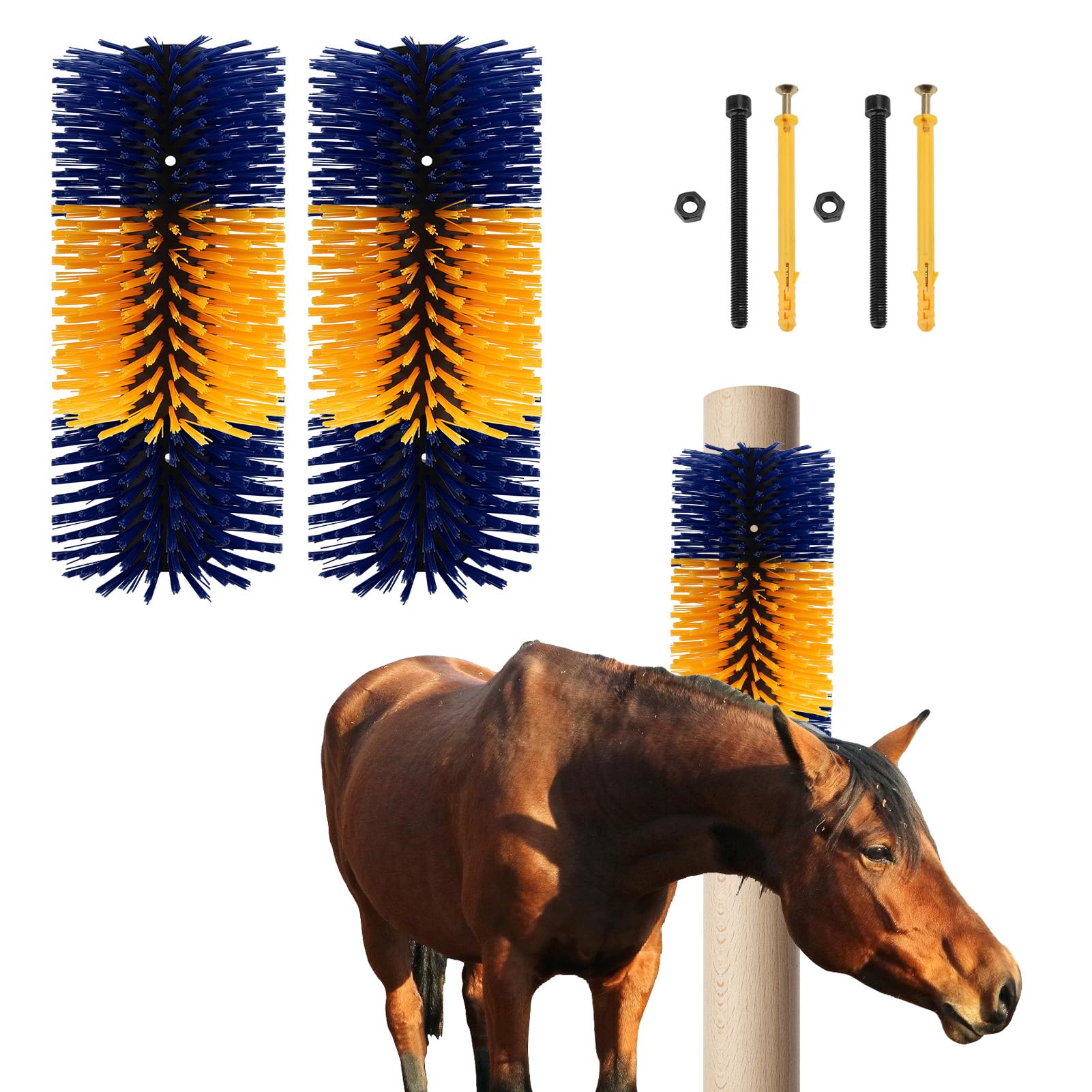 Cepillo rascador de ganado, kit flexible de PBT para aseo de caballos, cepillo de masaje para ganado, vaca, oveja, caballos y cabras (amarillo-azul, paquete de 2)