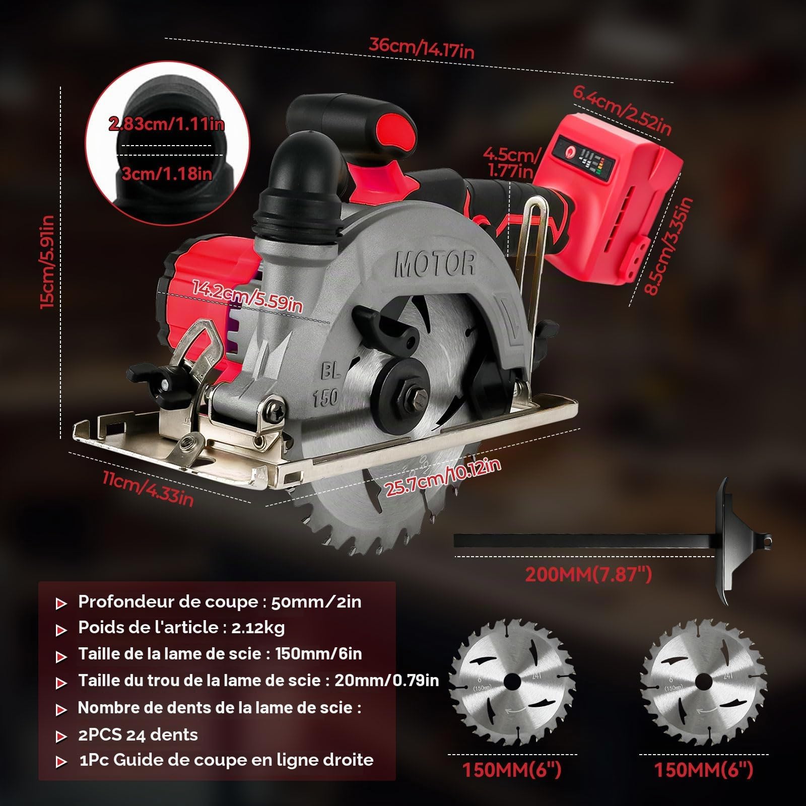 Scie circulaire sans fil de 15,2 cm compatible avec batterie Milwaukee 18 V (sans batterie), scie circulaire sans balais 6200 tr/min avec 2 lames de scie à 24 dents, profondeur de coupe maximale de