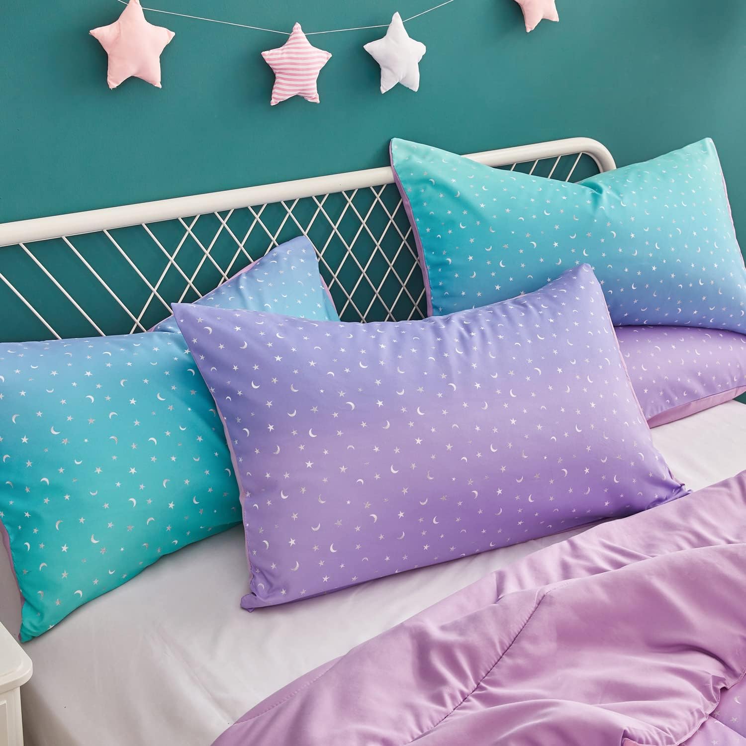 Yogeneg Rainbow Comforter Set Full/Queen Size for Teen Girls&Boys Women,Metallic Star Moon Printed Mermaid Comforter with 2 Pillowcase, Microfiber 3 Piece Bedding Set,All Season (Rainbow B, Queen)