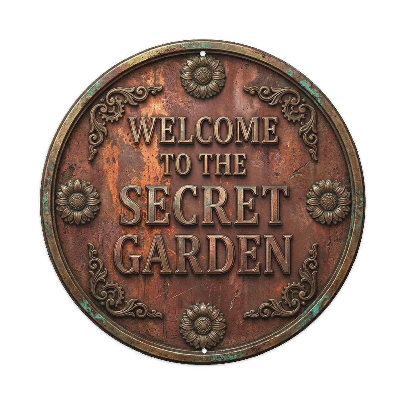 Vintage Welcome Secret Garden Bronze Rust Hammered Metal Tin Sign