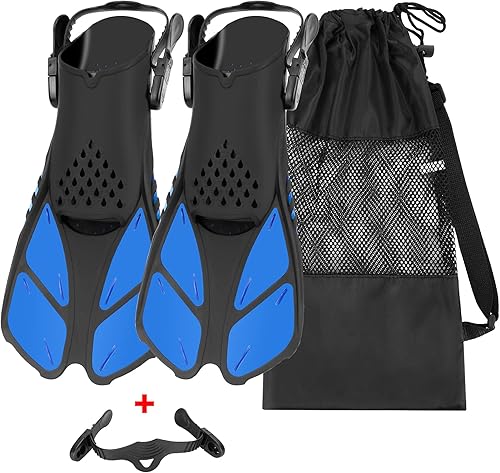 Aletas de esnórquel, aletas de natación con hebillas ajustables, tacón abierto, aletas de buceo para hombres, mujeres, jóvenes, tamaño de viaje, Azul