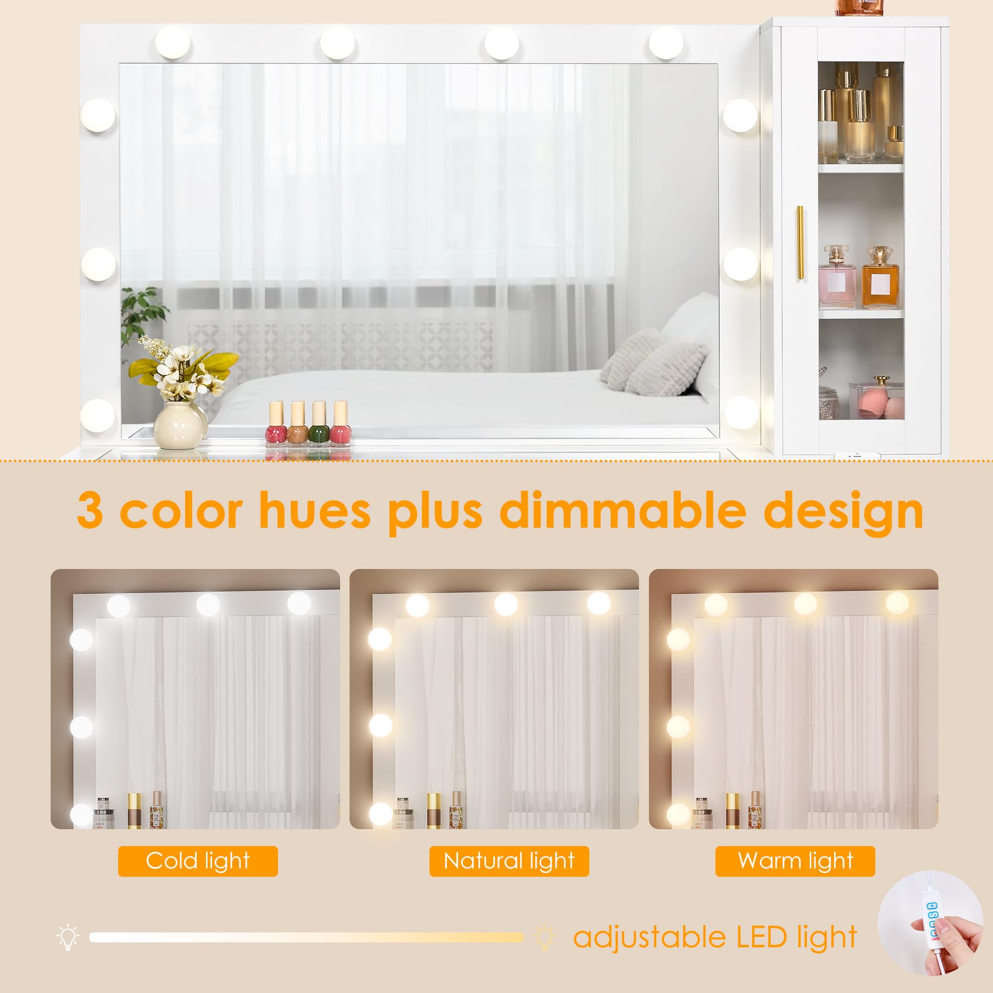 BEWISHOME Grande Coiffeuse avec Miroir et Lumières,Luminosité Réglable,Coiffeuse avec Plateau en Verre,Table de Maquillage avec Prise de Courant,Tiroirs,pour Chambre Blanc EFST34W