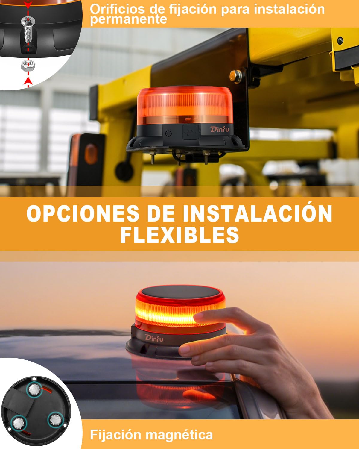 Dinfu rotativo led bateria solar 9 patrones de destello 12 V 24 V | amarilla luz de advertencia LED imán con Cargador para coche y cable USB para coche camión tractor carrito de golf SUV
