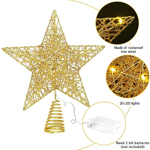 Vista 4 de 11.8 Inch LED Star Tree Topper - Gold Metal Ornament with 20 Lights for Christmas Tree Decoration New Year Holiday Decor Dorado