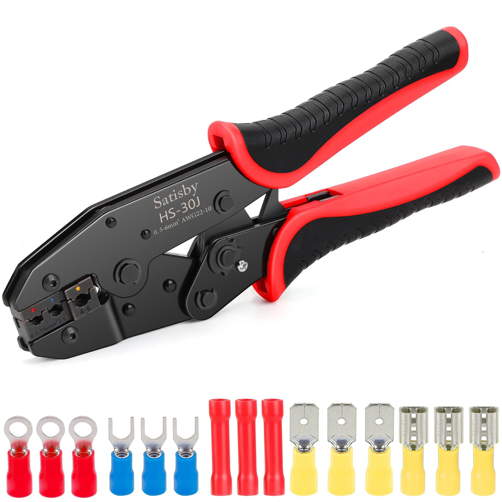 Crimping Tool for Insulated Electrical Connectors AWG22-10/0.5-6mm²，Ratchet Insulated Terminal Crimping Tool for Ring Fork Male&Female Butt/Spade Cable Connectors