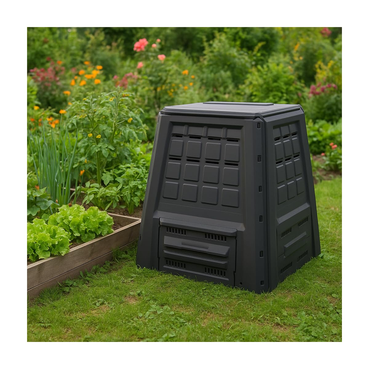 INTEC : Composter da giardino 380 L XXL Antracite. Vassoio per compost in plastica riciclata durevole con ventilazione ottimale per rifiuti. Comodo doppio accesso (coperchio superiore e trappa)