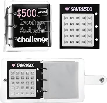 Grevosea Mini Money Saving Binder, 500 Money Saving Challenge Book Black Budget Binder with 25 Envelopes for Cash Saving Office Home Class Prize Exchange Gift Saving 500