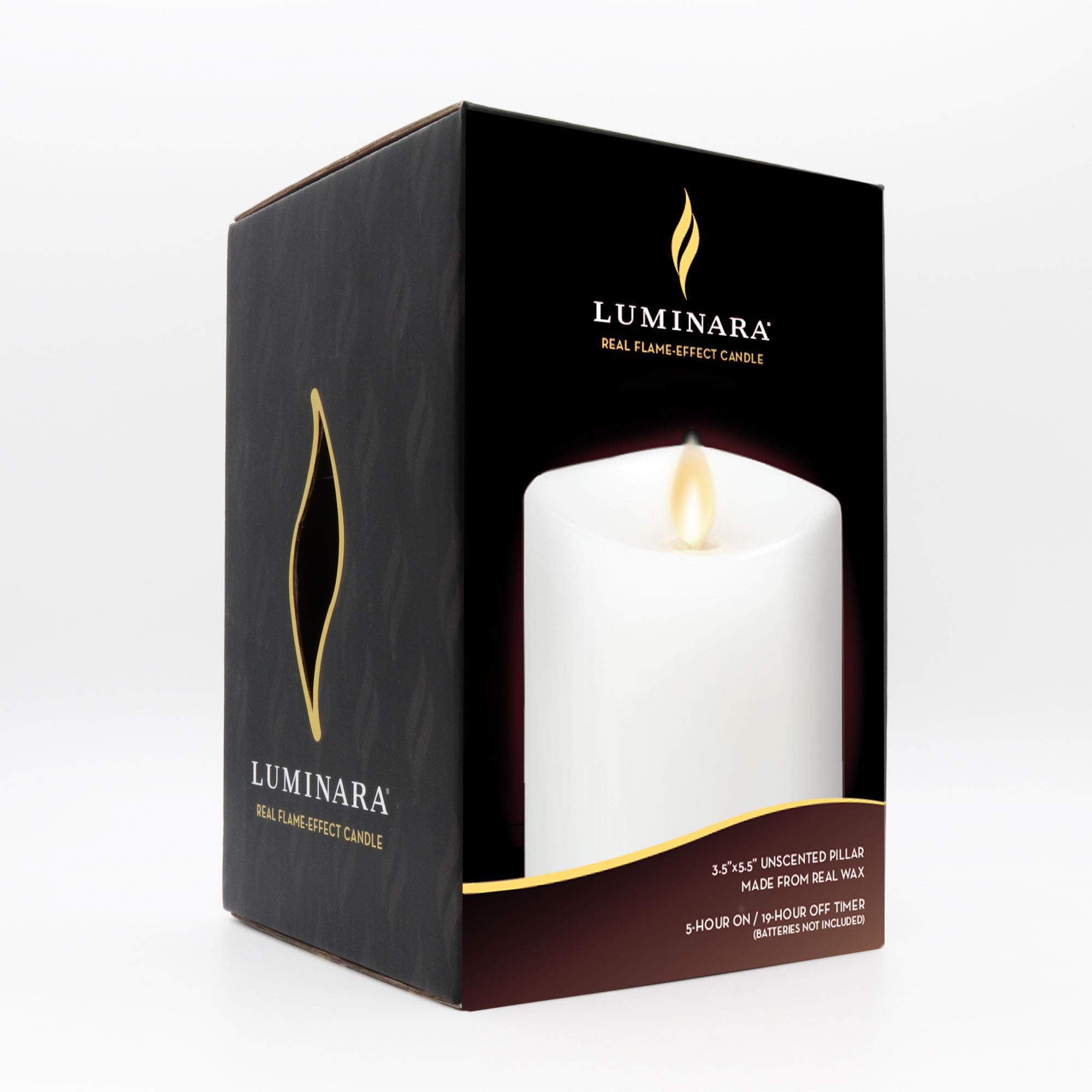 Condition photo showing New/Like New for luminara flameless pillar candle medium (5.5 inches tall), flickering real flame effect, melted edge, real wax, smooth finish, unscented, white, led battery powered