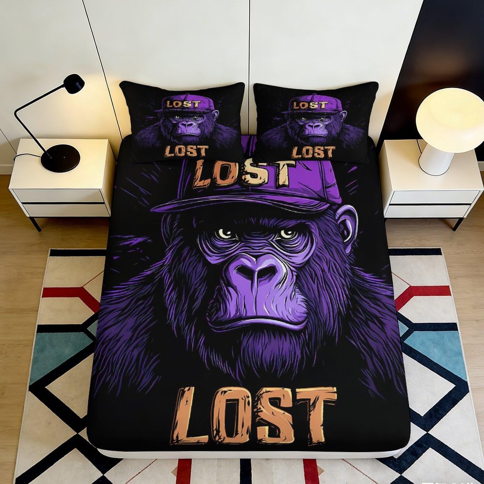 3D Printed Purple Gorilla Fitted Sheet Microfiber Anti-Slip Animal Graphic Bed Cover for Bedroom Guest Room Decor 90x200x25cm