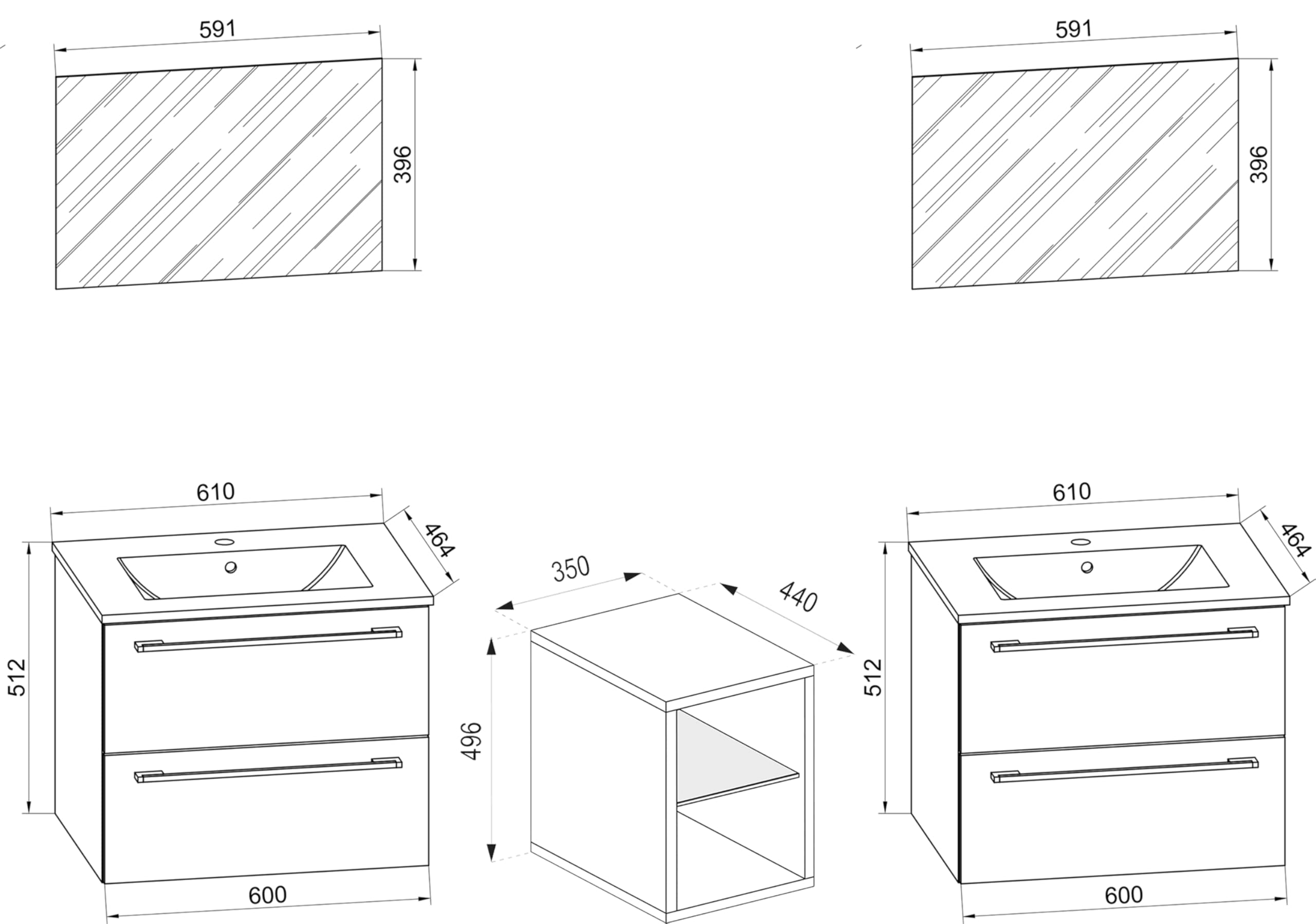 VCM 3-TLG. Set | 2 Waschtisch, 2 Spiegel, 2 Waschbecken, 1 Mittelfach | Keramik Waschbecken | Unterschrank 155 cm | Badmöbel Set Doppel Waschplatz - Badinos XXL