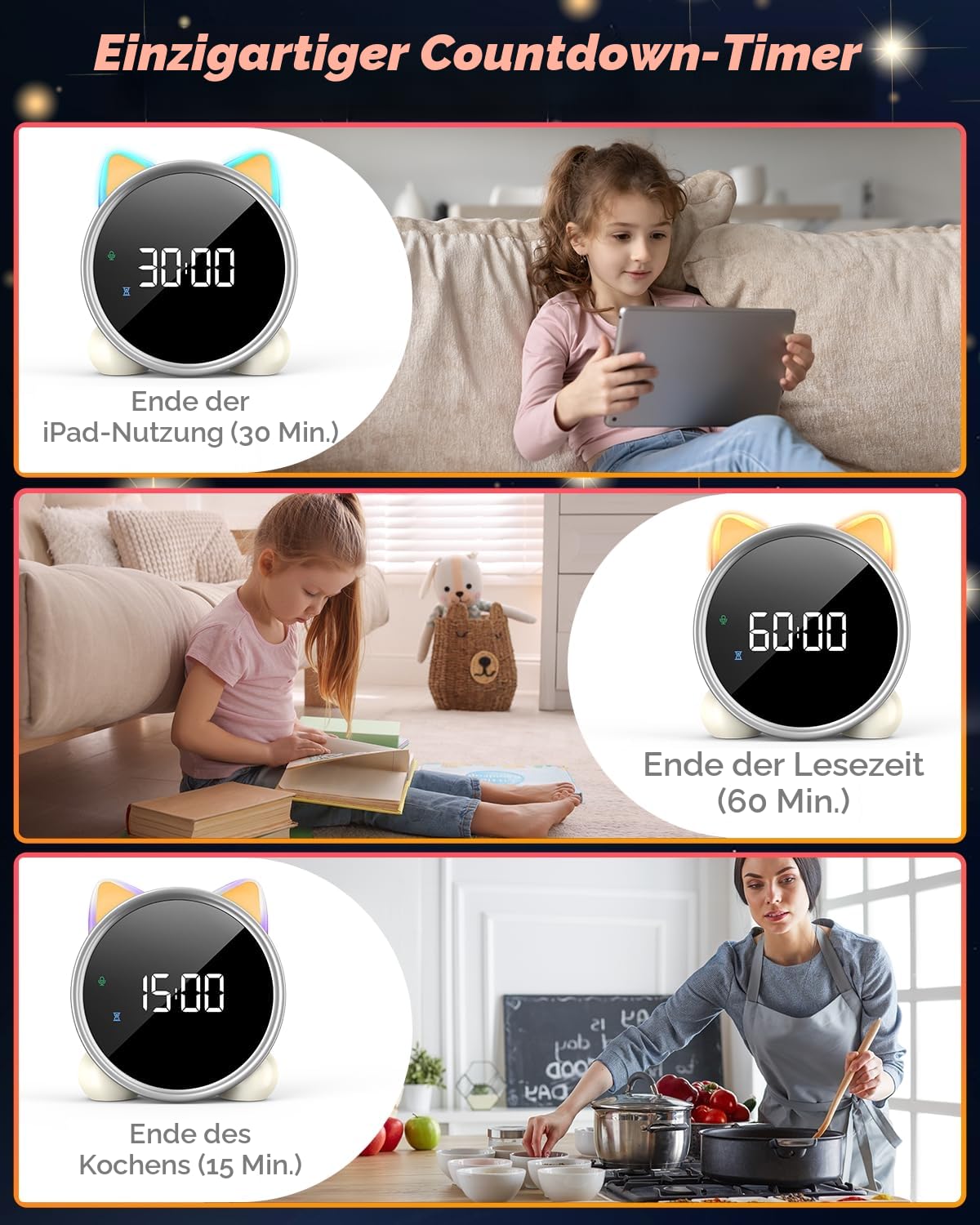 Lemnoi Kinderwecker Lichtwecker für Jungen und Mädchen, Batteriebetrieben Kinder Schlaftrainer mit Nachtlicht, Countdown, Snooze-Funktion, 3 Helligkeitsstufen und Buntem Licht, Lichtwecker für Kinder