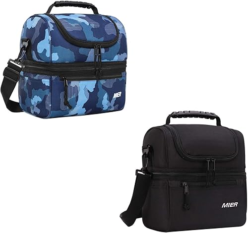 MIER Lonchera para adultos, bolsa de almuerzo aislada, bolsa grande para mujeres, enfriador de doble cubierta, camuflaje (grande) y negro (mediano)
