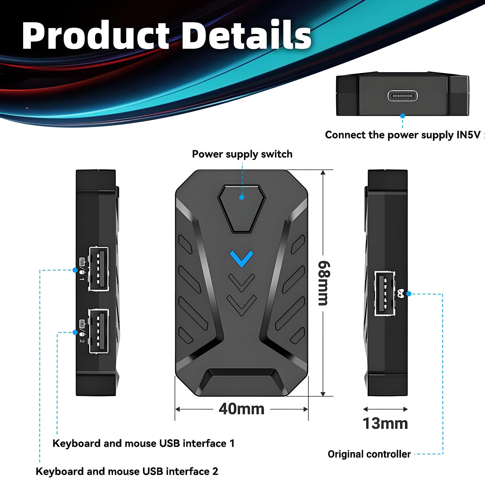 Flylin Adaptateur de clavier de souris, convertisseur de contrôleurs de jeu Plug and Play avec câble de type C, convertisseur de clavier portable et de souris pour PS3/PS4/X360/X-One