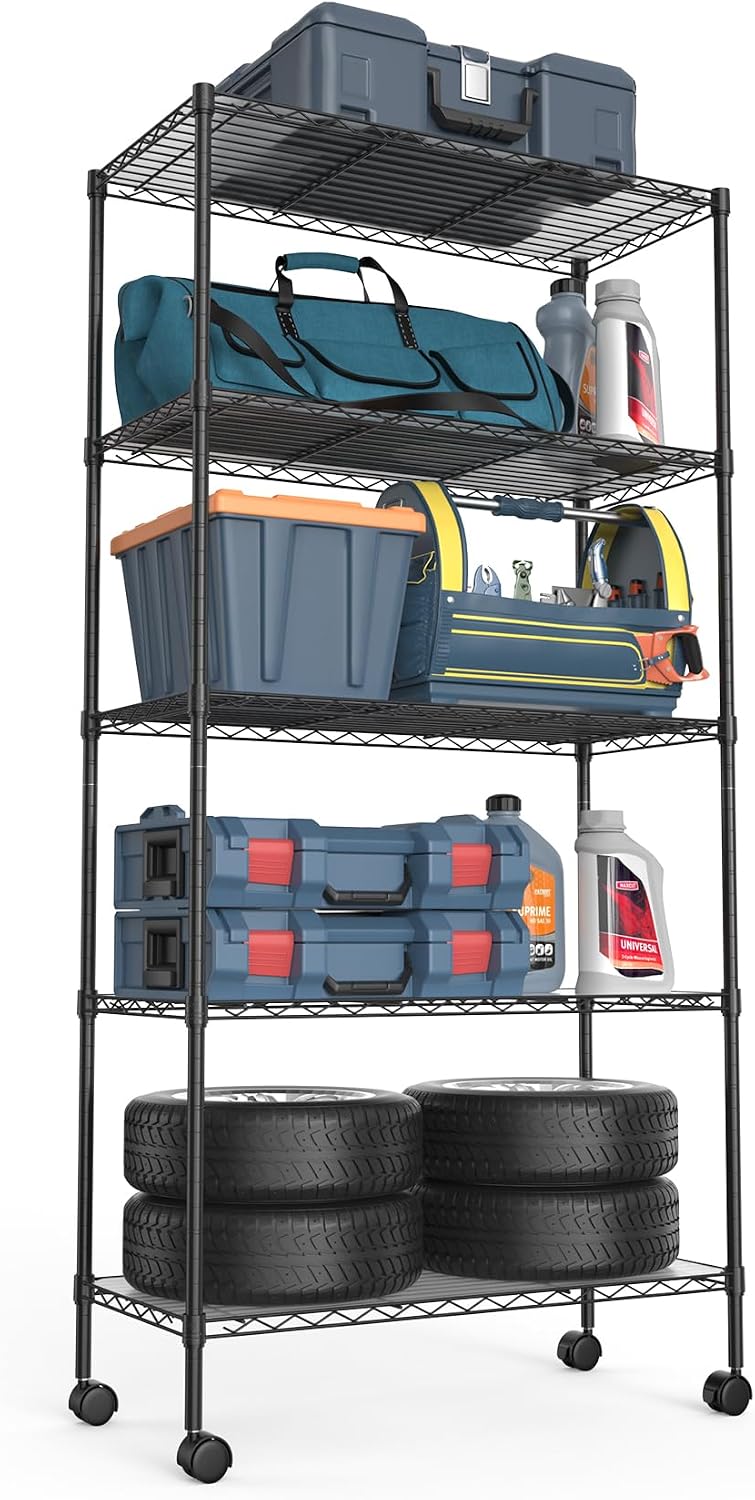 5 Tier NSF Wire Shelf Shelving Unit, 14 x 30 x 60 Inch 750lbs Capacity Adjustable Storage Metal Rack with Wheels/Leveling Feet & Shelf Liners, Ideal for Garage, Kitchen, Office Home and More - Black