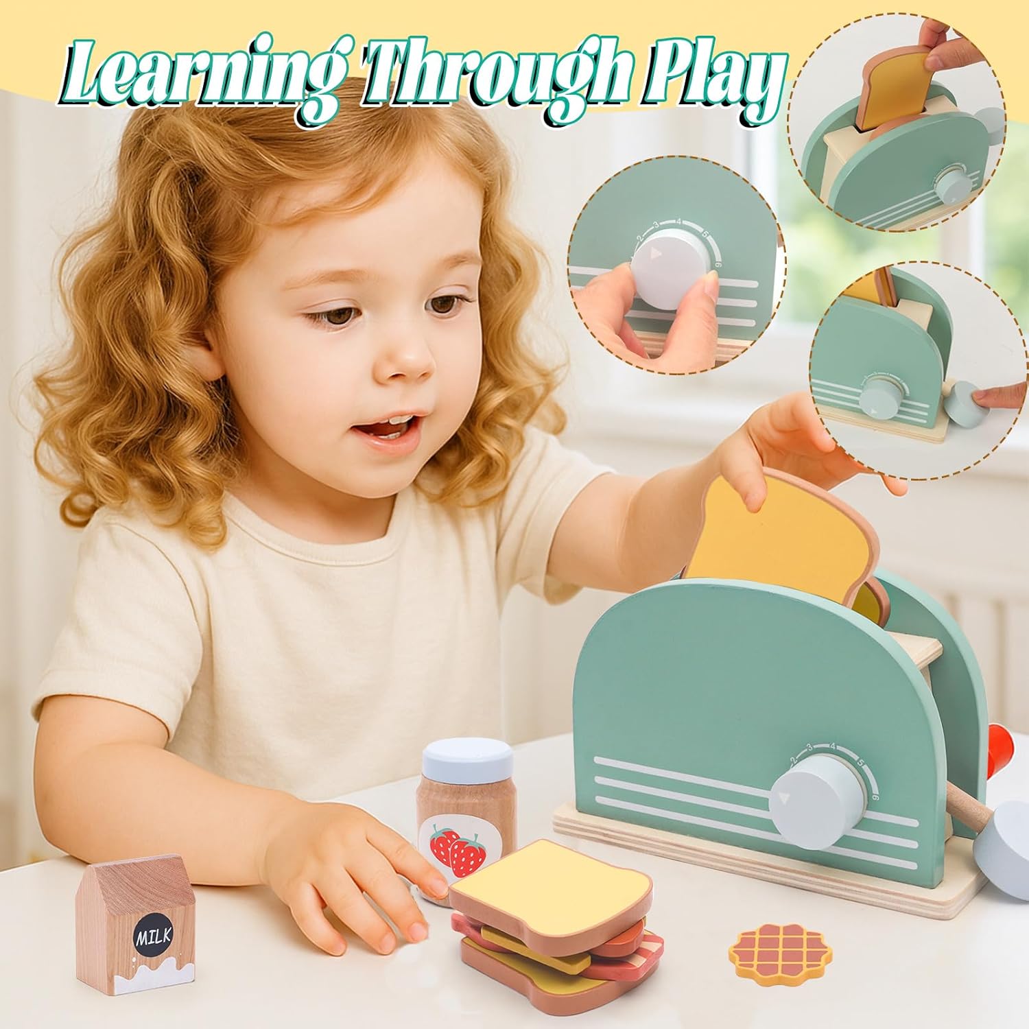 Play Kitchen Accessories Toddlers Wooden Pop-up Toaster Toy Play Food Kids Age , Bread, Butter, Poached Egg Cutting Pretend Toys