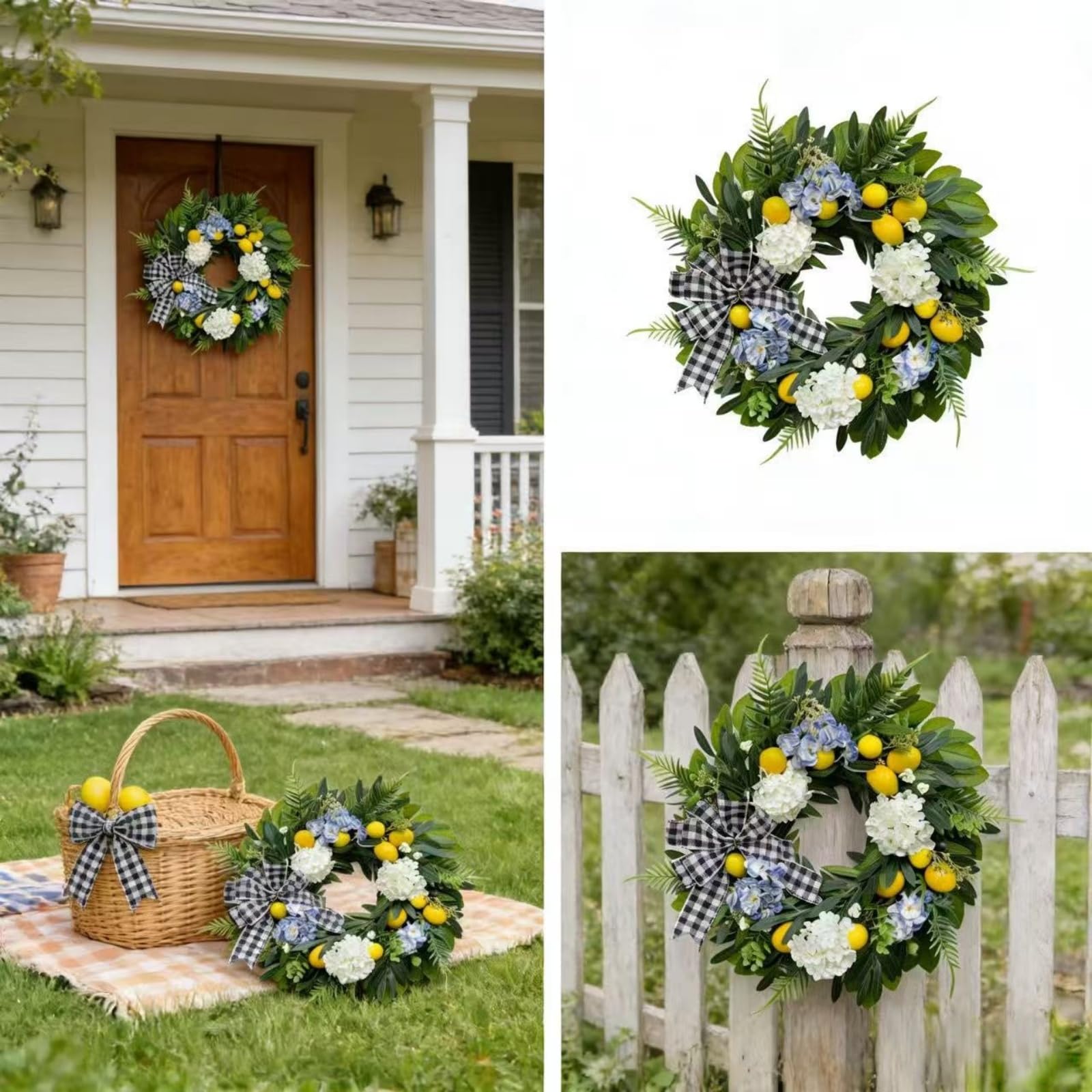 Künstlicher Sommer Deko Kranz, 45/55cm Grüner Frühlings-Sommer-Kranz, Künstlicher Zitronen Türkranz mit Blau-weißen Hortensien & Karo-Schleife, für Haustür und Wand (55 cm)