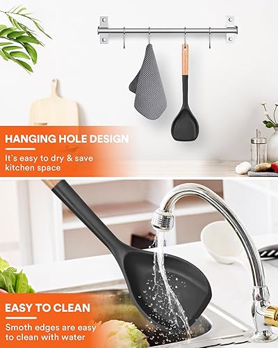 Miniatura 6 de Espátula de silicona antiadherente, borde flexible antiarañazos para sartenes, mango de madera cómodo antideslizante, resistente al calor, espátulas