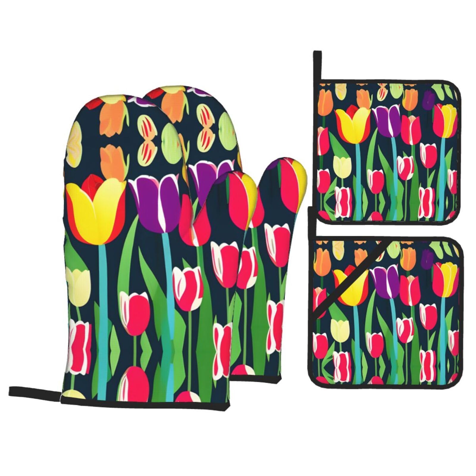 Colorful Tulips Print Oven Microwaving Waterproof Kitchen Gloves for Baking Grilling Holiday Cooking