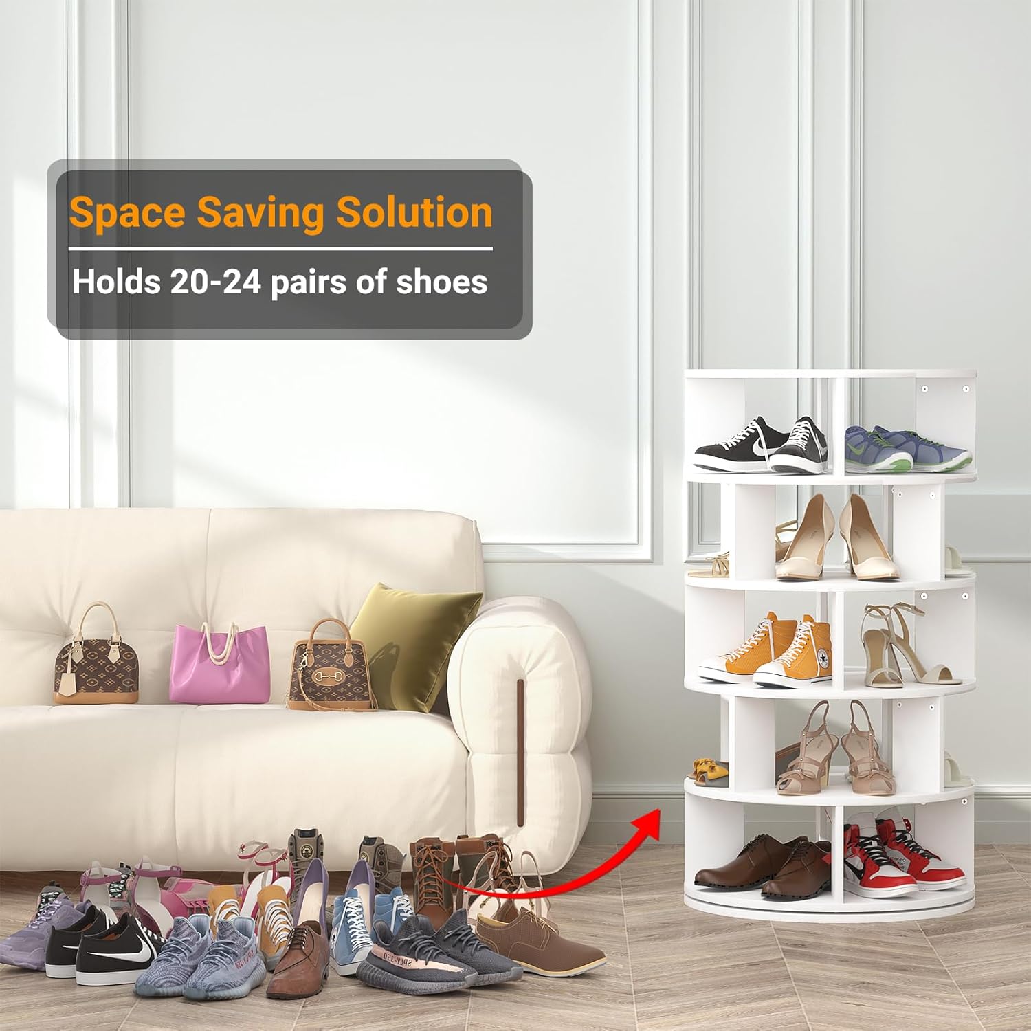 Aheaplus Rotating Shoe Rack, 5-Tier Wood Shoe Organizer for Closet, 360° Spinning Shoe Rack Tower Space-Saving Shoe Storage Shelf for Entryway, Garage, Bedroom, White