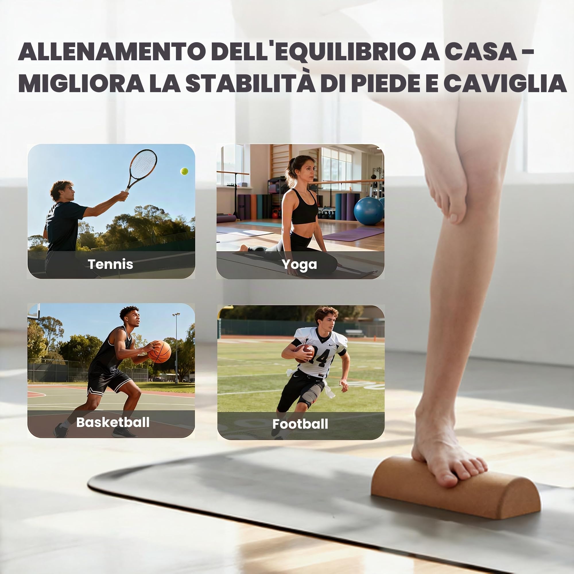Tavoletta propriocettiva in sughero per piedi e caviglie – Balance board 4 in 1 con blocchi, rullo, palla fasciale e fasce per dita – allenamento equilibrio & forza dei piedi a casa