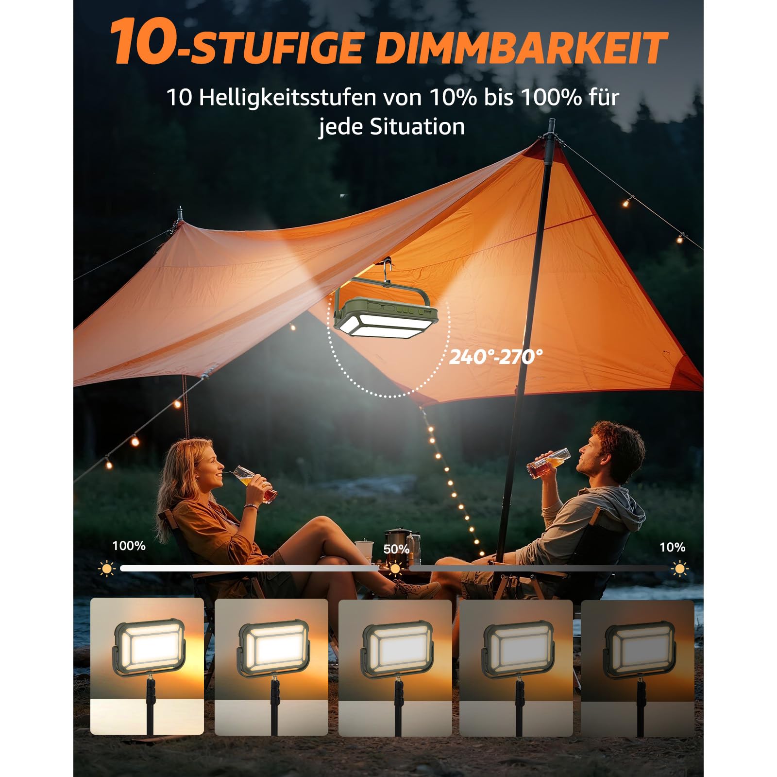 Campinglampe, IP65 Wasserdicht Tragbar Aufladbar Zeltlampe für Camping mit 3 Farben/SOS-Funktion/10000mAh Akku/USB-C, LED Camping Licht für Stromausfällen, Hurrikanen, Wandern, Zelten