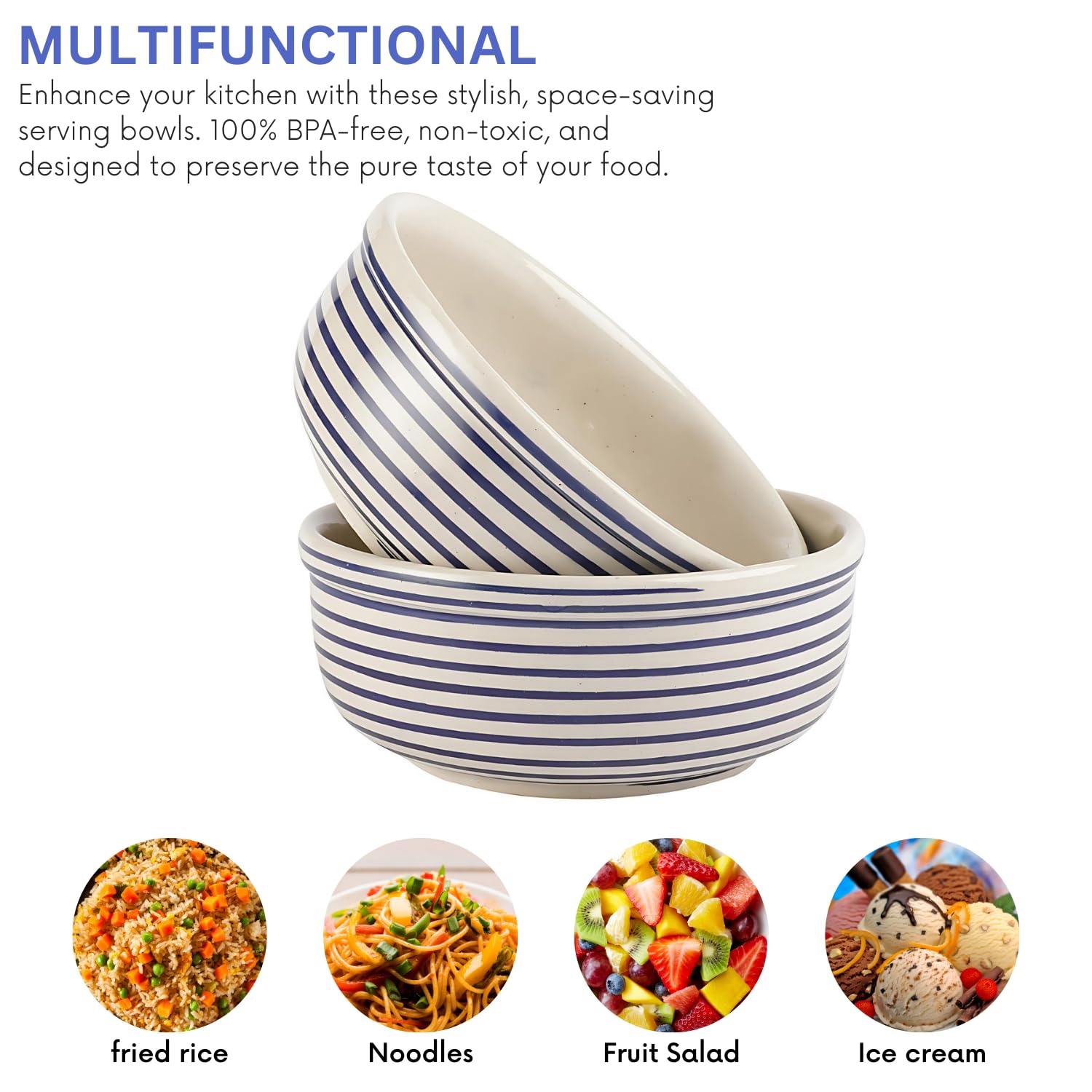 VarEesha Parikrama Microwave & Dishwasher Safe Ceramic Bowl Set of 2 | Ideal for Snacks, Rice, Dal, Fruits, Salad, and More | Dishwasher Safe BPA & Lead-Free Serving Bowls |350 ML | Blue 2