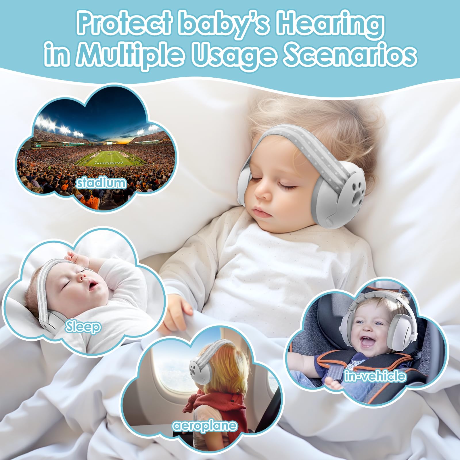 2 en 1 Cascos Bebe Antiruido, Protectores Auditivos para Bebés con Diadema Ajustable, Orejeras Reductoras de Ruido Niños, para Viajes y Entornos Ruidosos, para Bebés de 0 a 48 meses