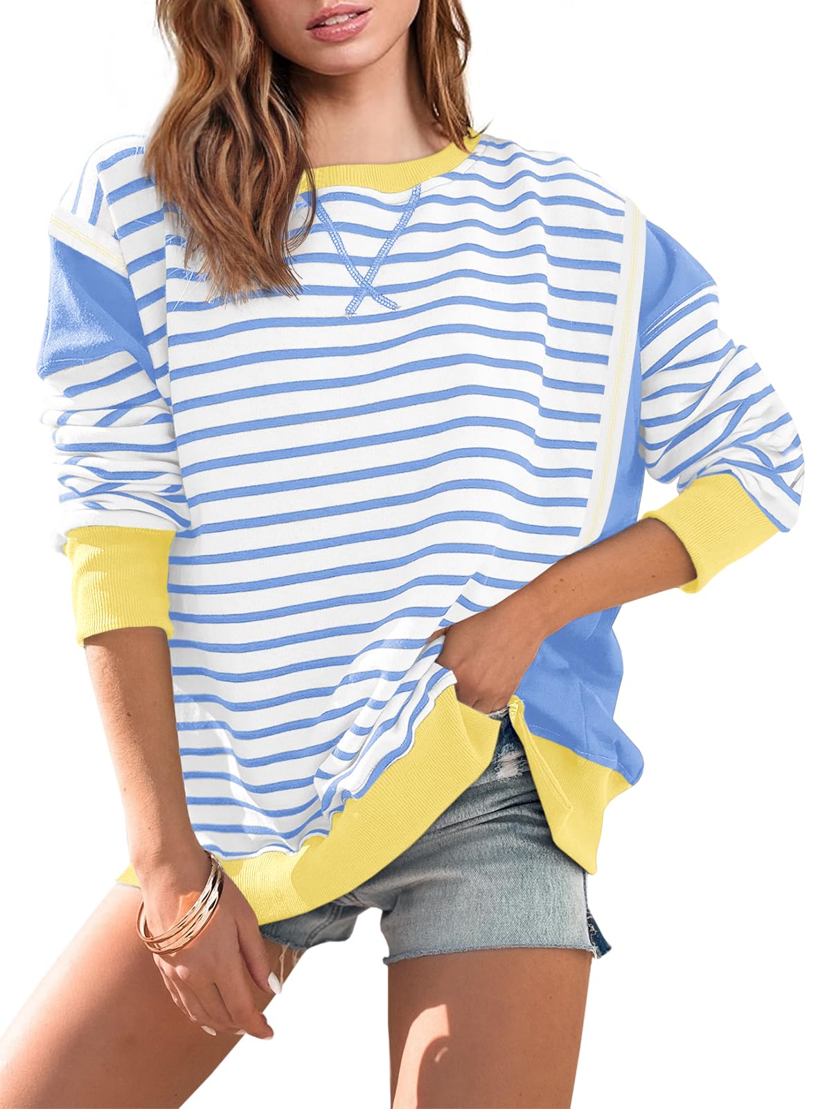 Yousify Oversized Sweatshirts for Women Loose Fit Crewneck Striped Color Block Long Sleeve Tops S-2XL