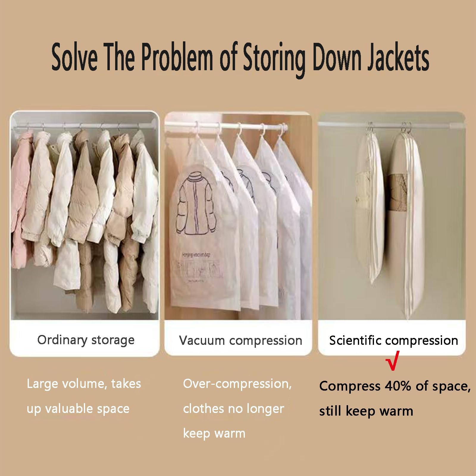 Lot De 3 Sacs à Vêtements Suspendus Compression – Organiseurs Placard Manteaux Duvet Beige (M+L+XL)