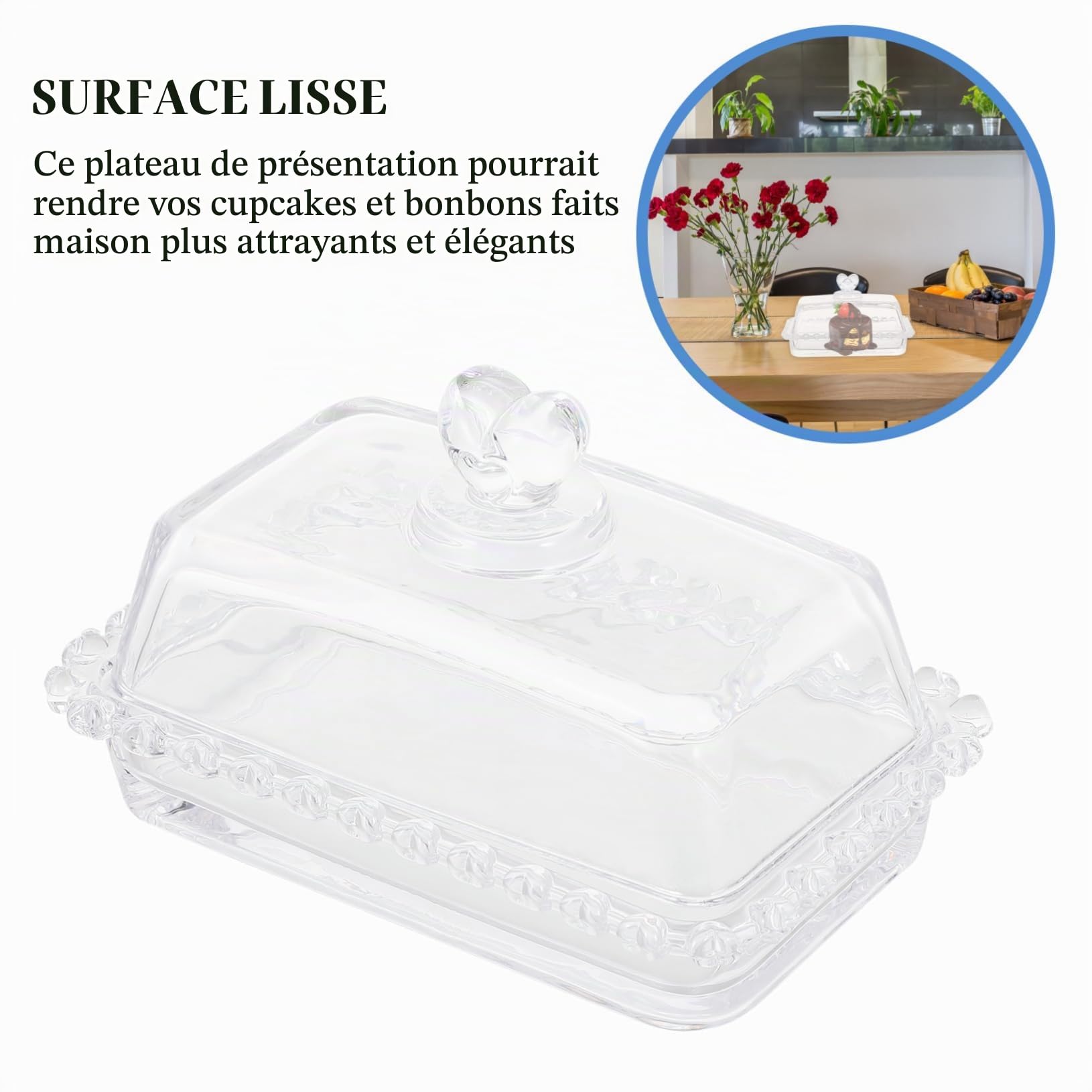 Assiette avec Couvercle en Verre, Plateau à Cake et Porte-Dessert, Surface Lisse, pour Bonbons et Cupcakes, Fêtes d'anniversaire