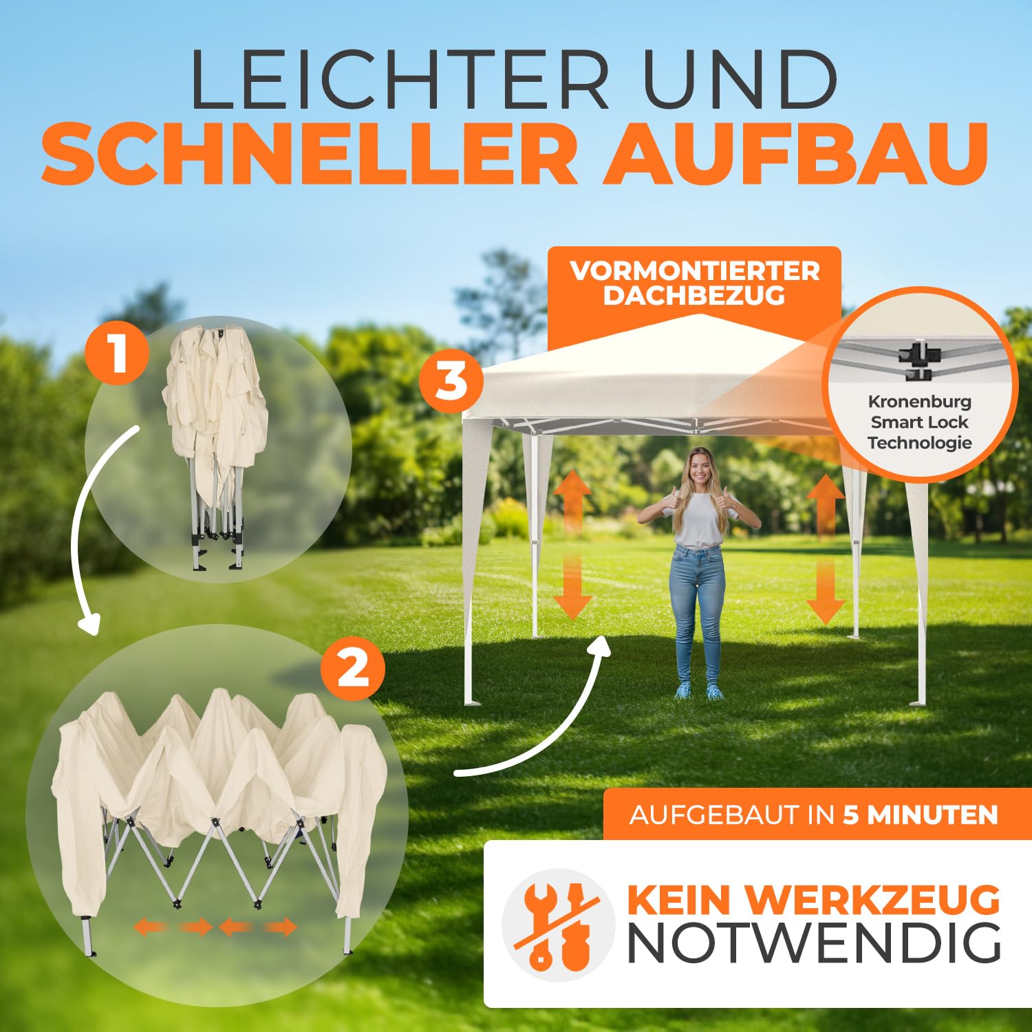 Kronenburg Faltpavillon wasserdicht Dachmaß 3 x 3 m UV Schutz 50+ Pavillon in Champagner