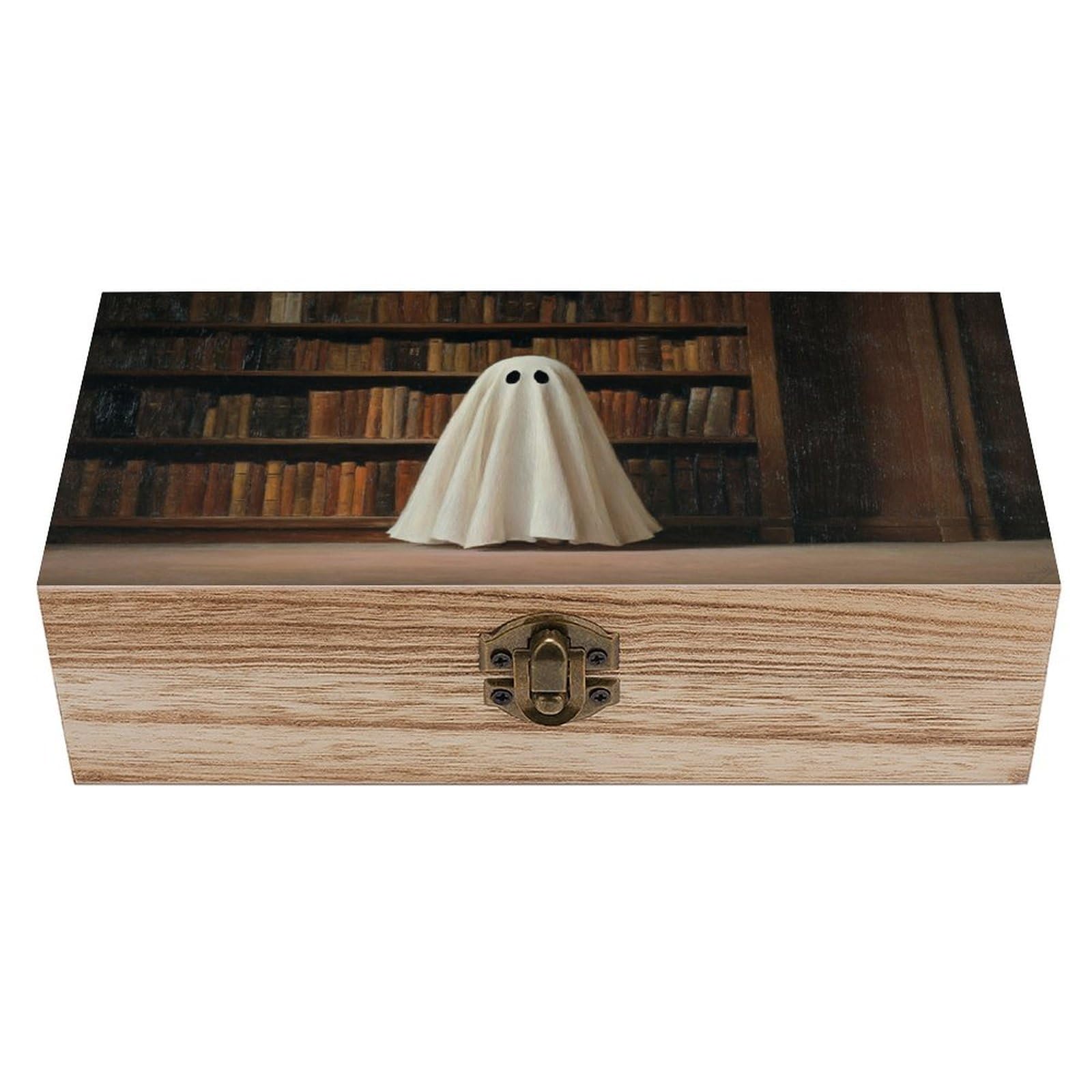 Ahdyr As Pic Cute Ghost In Library Vintage Wooden Storage Box With Hinged Lid And Front Clasp Large Keepsake Box