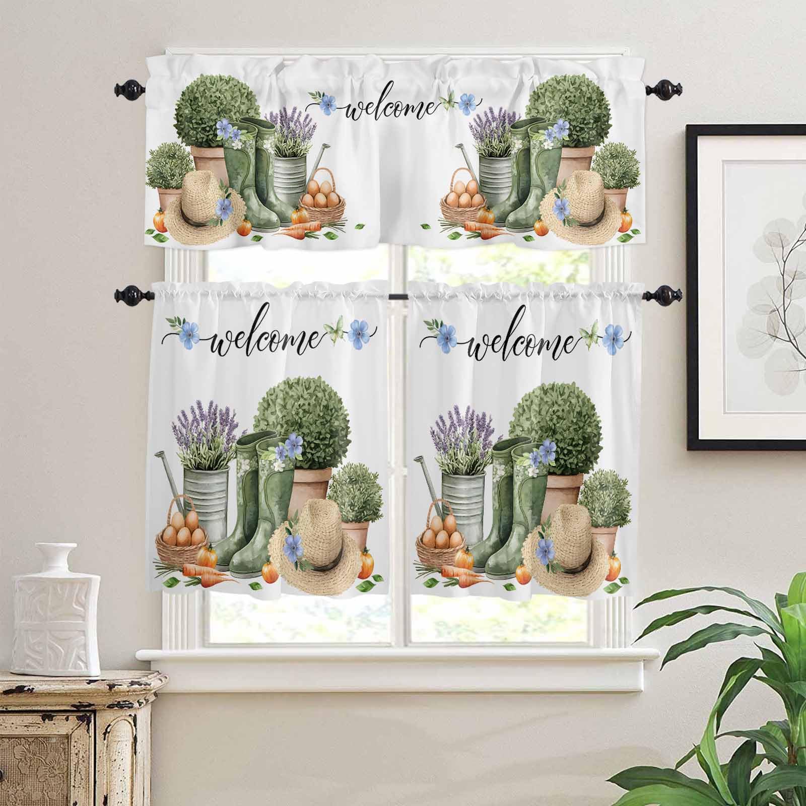 Flowers Butterfly Kitchen Curtains 36 Inch Length,3 Piece Rod Pocket Small Half Tiers and Valance Set,Green Botanical Potted Plant Lavender Small Large Window Treatment Decor for Bedroom/Bathroom