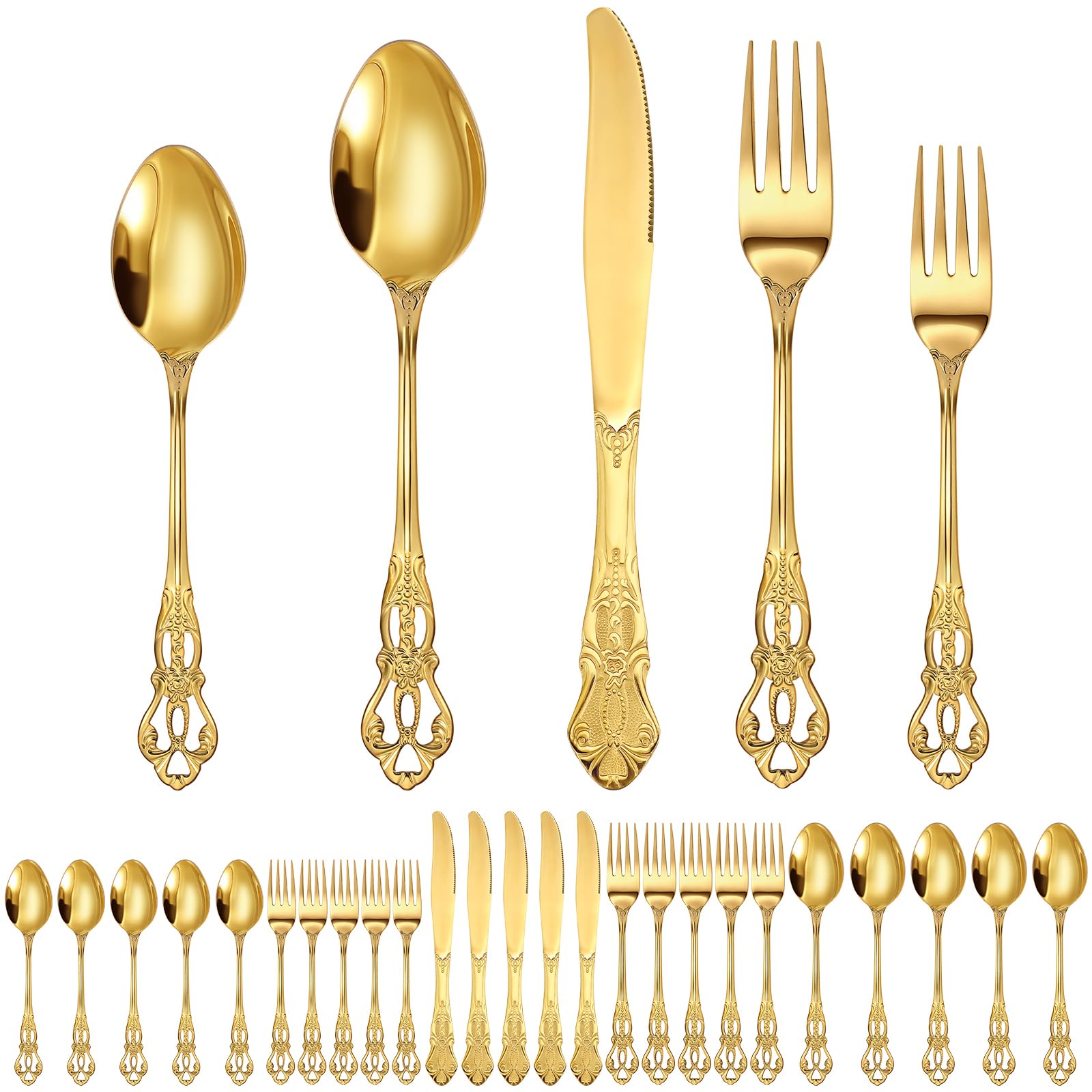 Dandat 30 Pcs Retro Silverware Set Service for 12 Vintage Stainless Steel Flatware Set Luxury Cutlery Family Dinnerware Set Include Spoon Fork Knife for Dinnerware Wedding Birthday Party Favor(Gold)