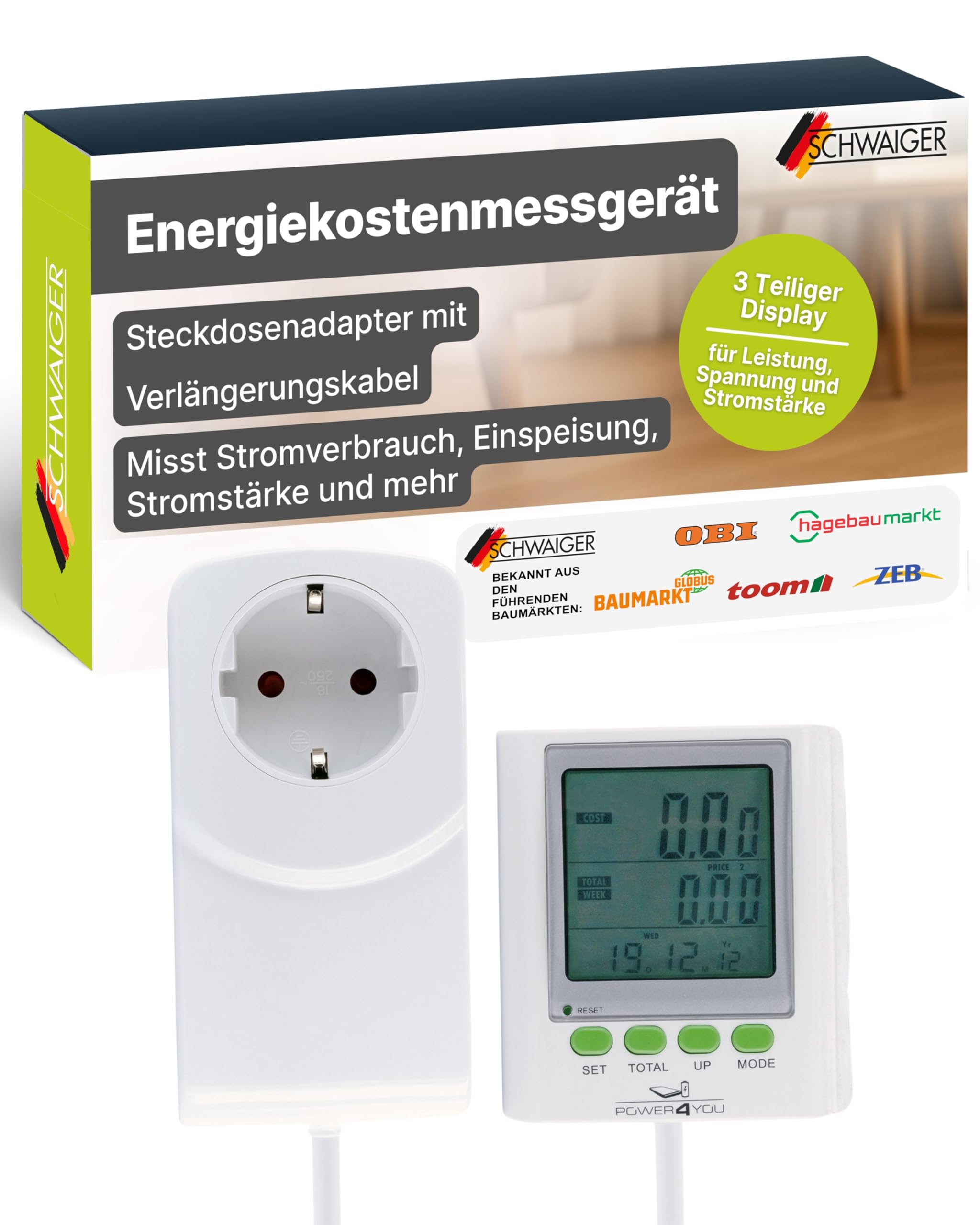 SCHWAIGER Stromkostenmessgerät mit separatem Display und Verlängerungskabel