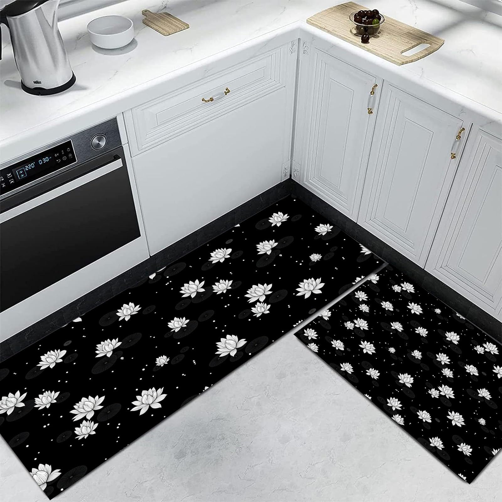 Tapis de sol antidérapants pour la cuisine et le salon motif lotus noir et blanc