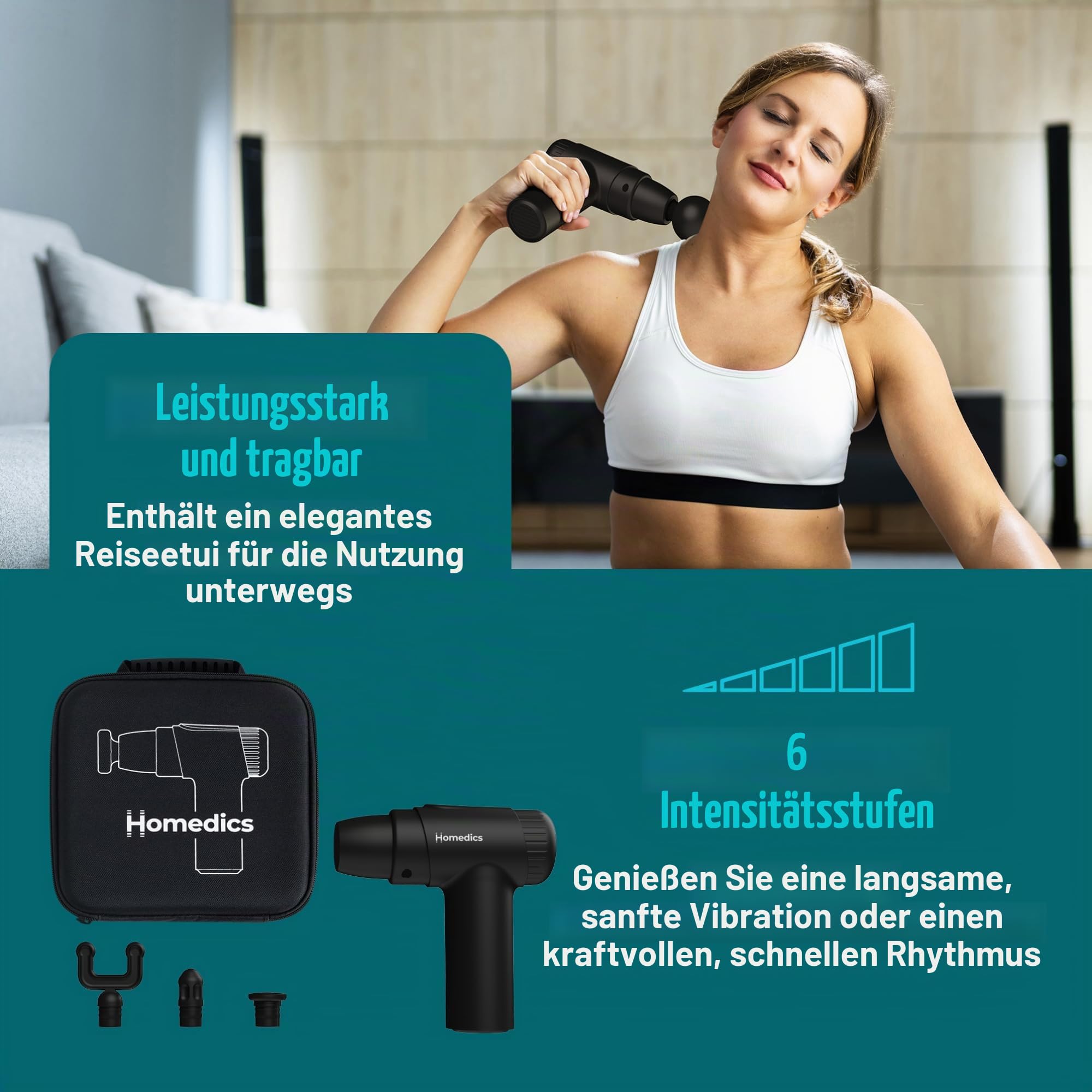 Homedics NOVO Mini Massagepistole, Klopfmassagegerät, Schwarz | Kleines Elektrisches Handmassagegerät, 4 Aufsätze, 6 Intensitätsstufen, Vibrationsmassage, Muskelentspannung